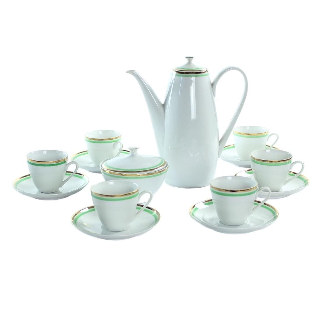 Zestaw do kawy, biały zielony złoty, porcelana, Bohemia, Czechosłowacja, lata 50.