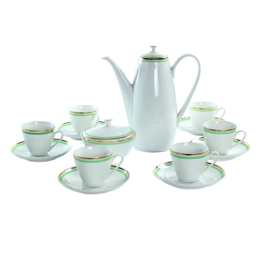 Zestaw do kawy, biały zielony złoty, porcelana, Bohemia, Czechosłowacja, lata 50.