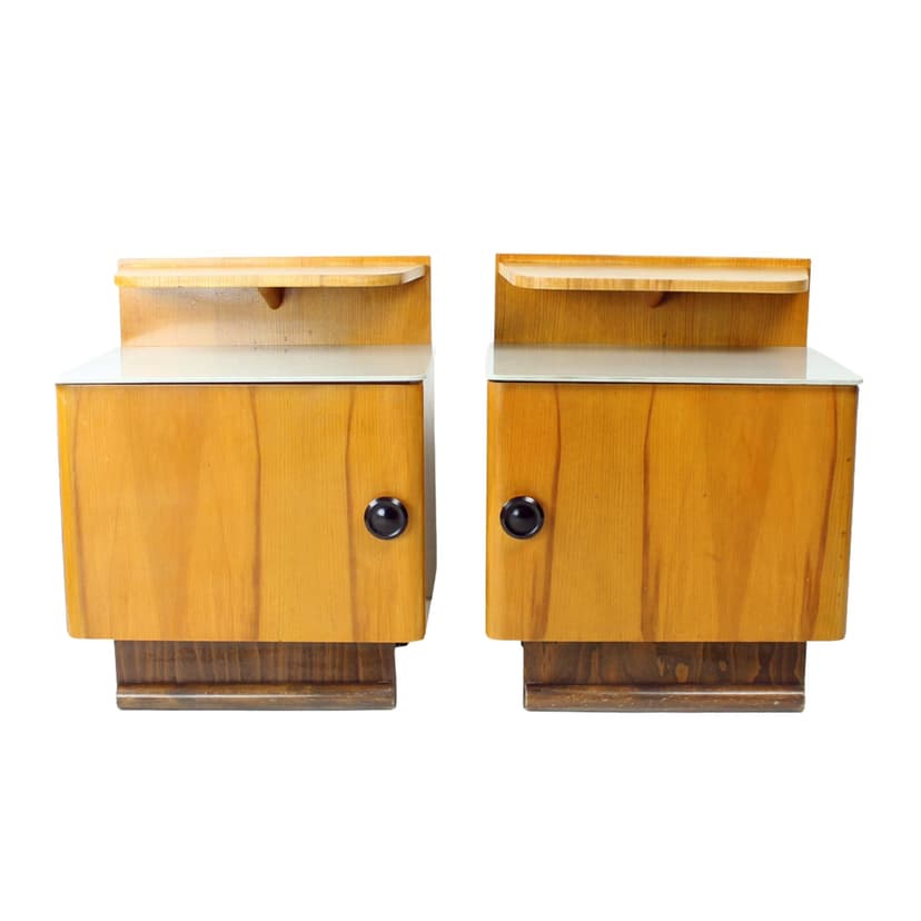 Para stolików nocnych, dąb brązowy, szkło szare, Czechosłowacja, lata 50.