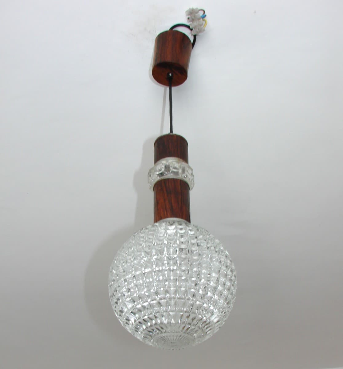 Pendant lamp, brown rosewood, clear glass, metal, 1960s - 77301