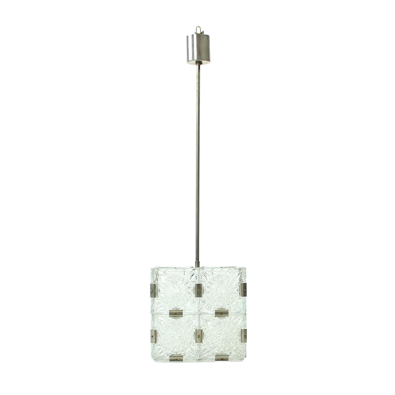 Pendant lamp cube, transparent glass, Kamenický Šenov, Czechoslovakia, 1970s.