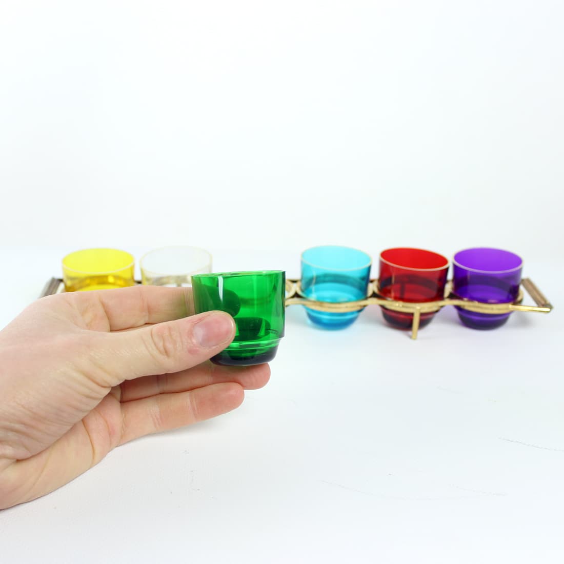 Zestaw kieliszków do likieru ze stojakiem, multikolor, szkło, Czechosłowacja, lata 60. - 91107