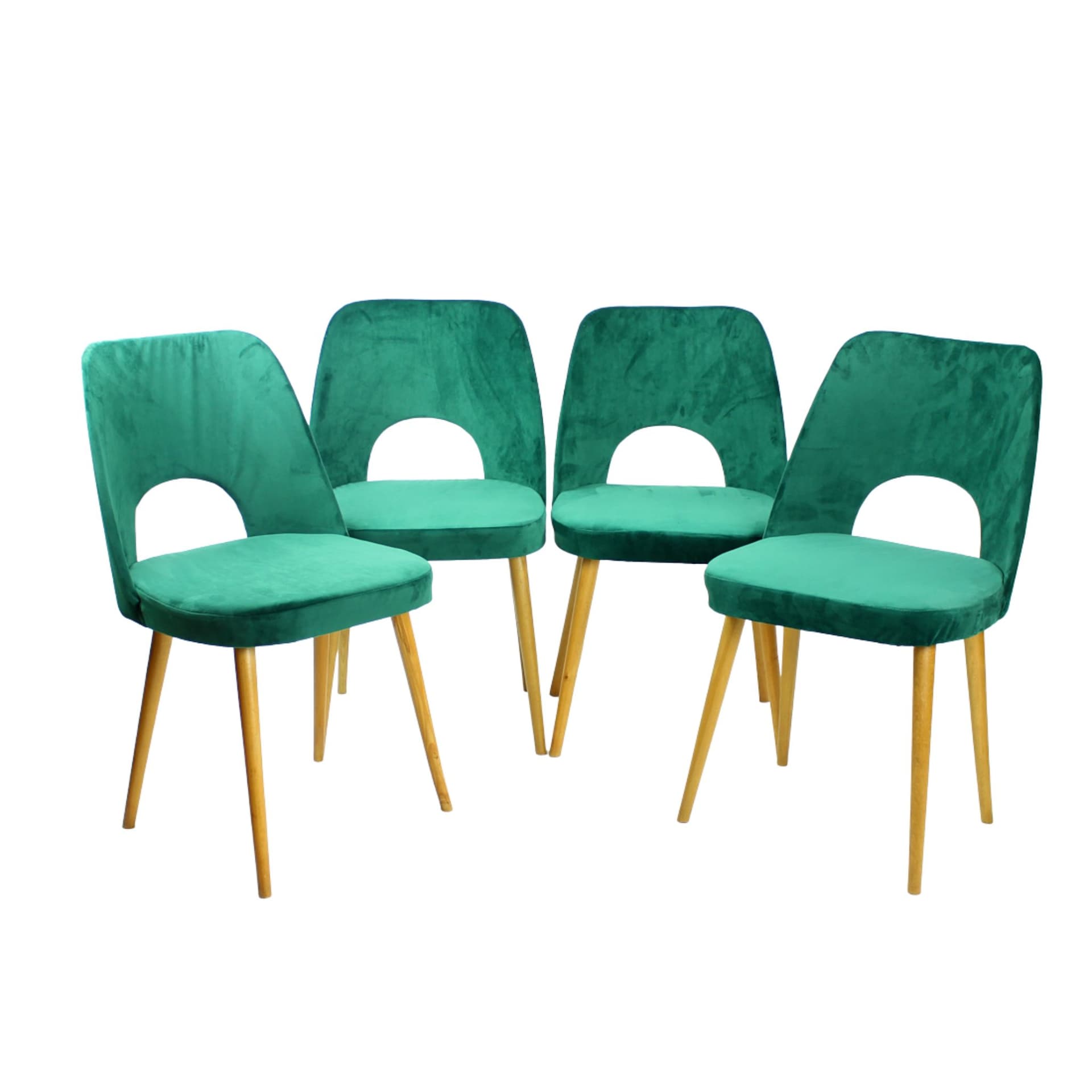 Komplet czterech krzeseł jadalnianych, velvet zielony, dąb jasny, proj. O. Haerdtl, TON, Czechosłowacja, lata 60. - 92512