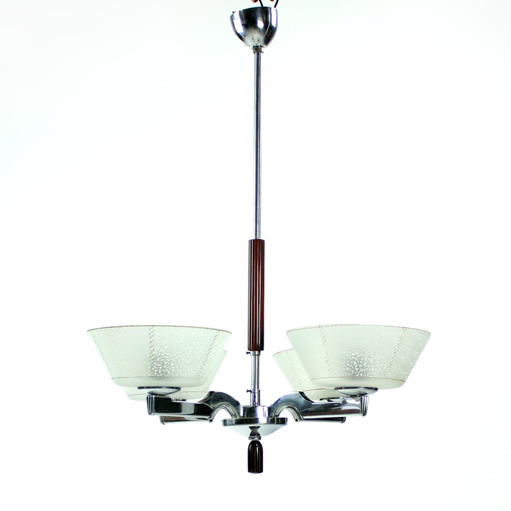Ceiling lamp Art Deco, silver chrome steel, milky glass, dark wood, Czechoslovakia, 1940s. - 91217