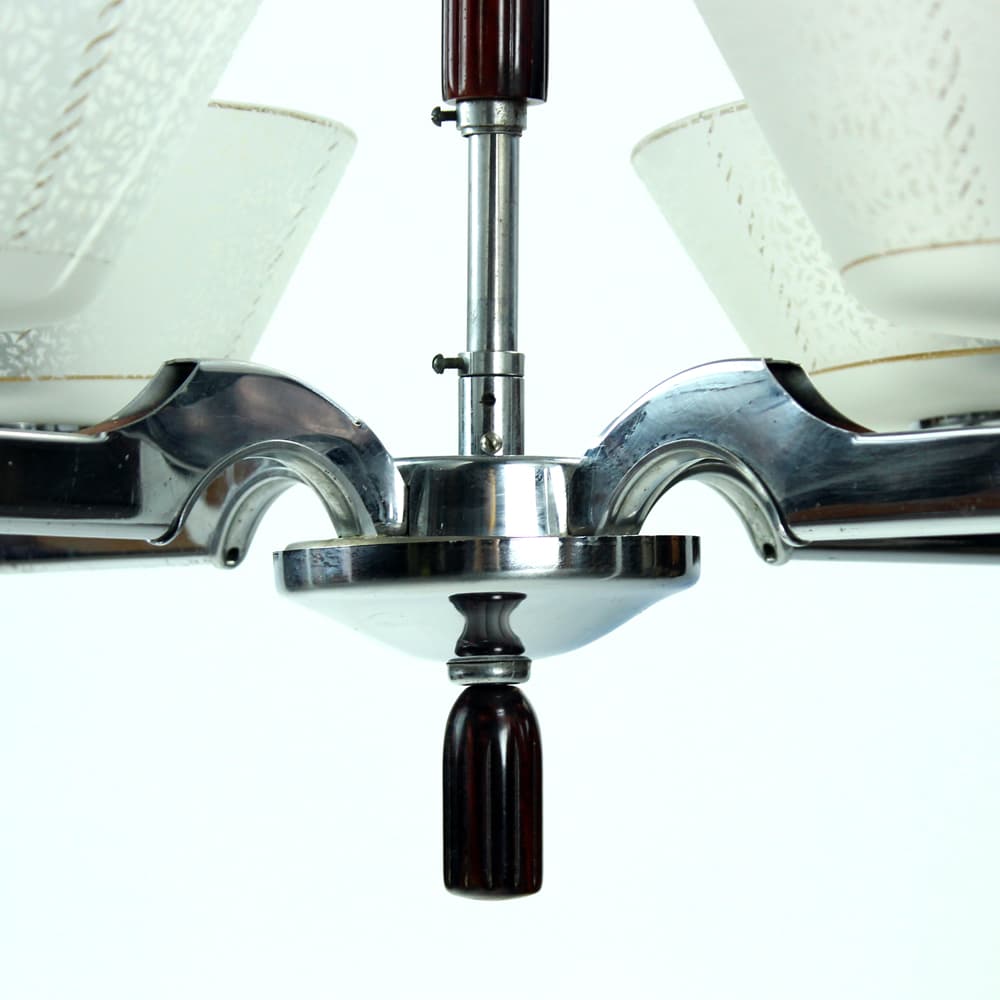 Ceiling lamp Art Deco, silver chrome steel, milky glass, dark wood, Czechoslovakia, 1940s. - 91215