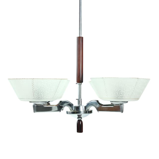 Ceiling lamp Art Deco, silver chrome steel, milky glass, dark wood, Czechoslovakia, 1940s. - DIMENSION