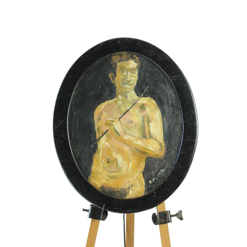 Portrait painting, grey, oil on wood, 1910s.