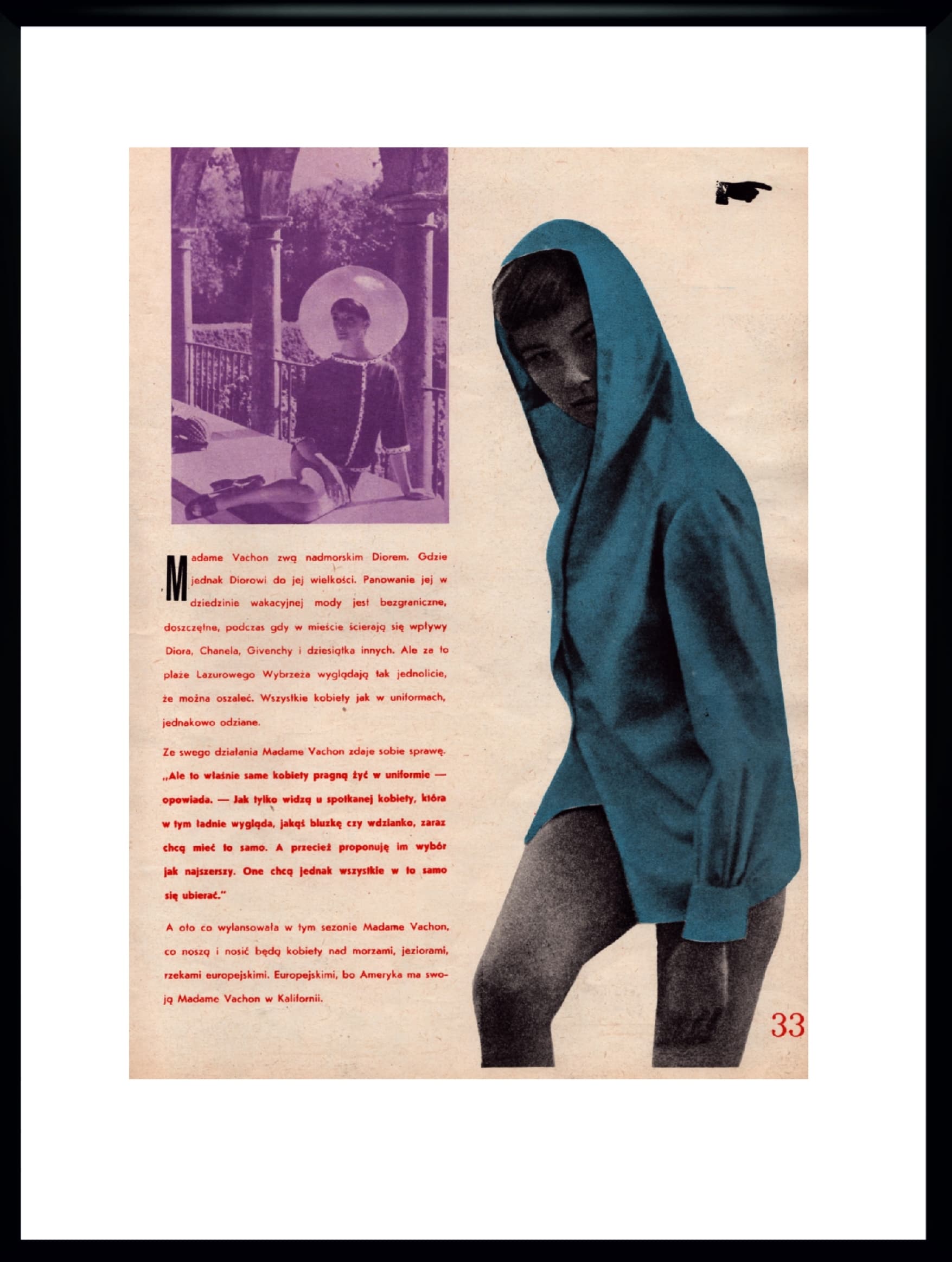 Kolaż ścienny MADAME VACHON, papier, rama czarna, Polska, lata 60.