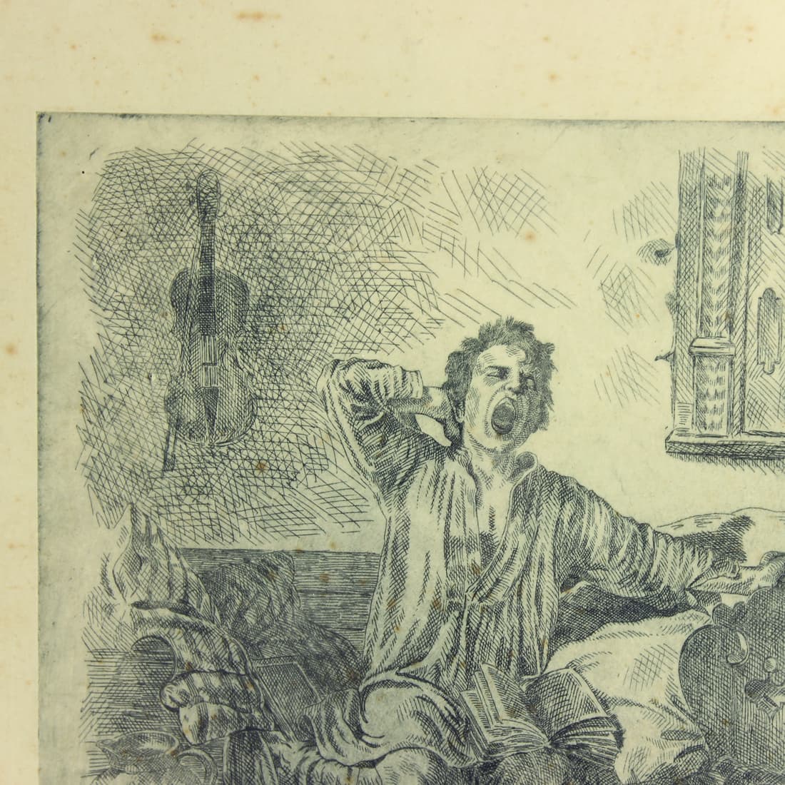 Rysunek ścienny, szary, papier, rama drewniana czarna, Czechosłowacja, lata 50. - 91347