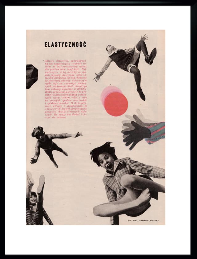 Kolaż prasowy ELASTYCZNOŚĆ, papier czarny, aut. HIRO, Polska, lata 60. - WYMIARY