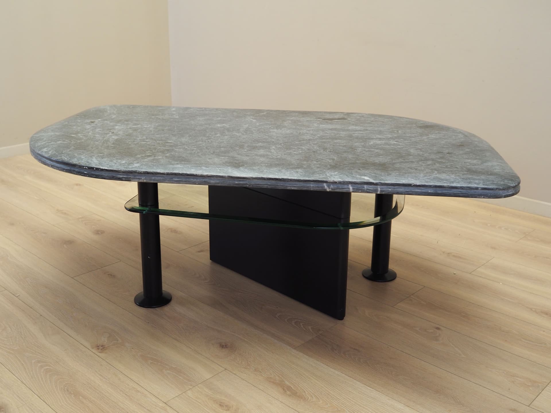 Coffee table, postmodernist, grey marble, transparent glass, black wood, black metal, Italy, 1980s. - 80772