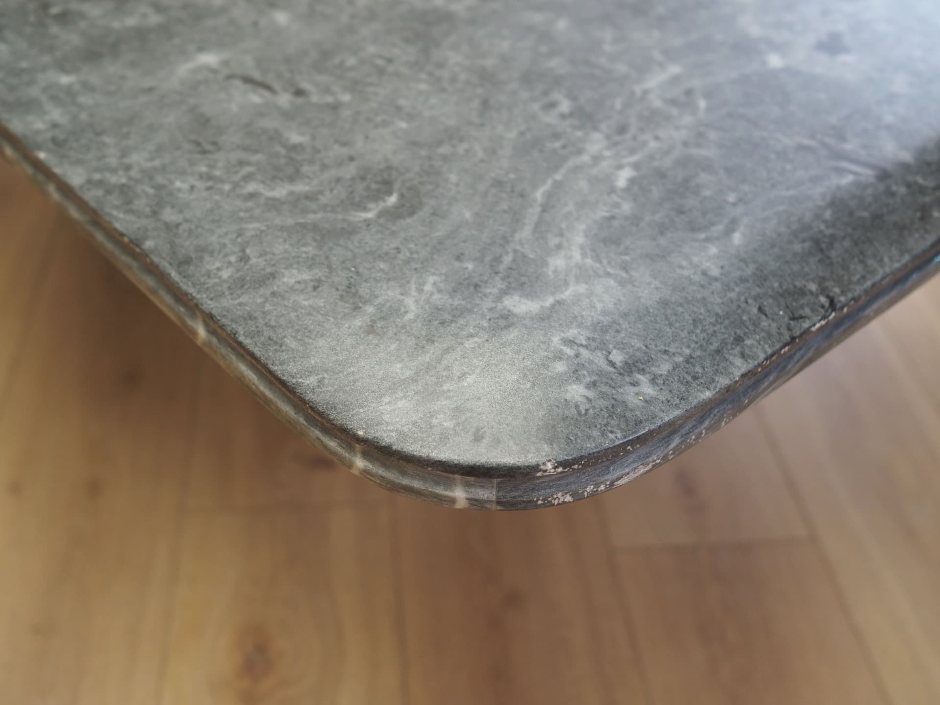 Coffee table, postmodernist, grey marble, transparent glass, black wood, black metal, Italy, 1980s. - 80779