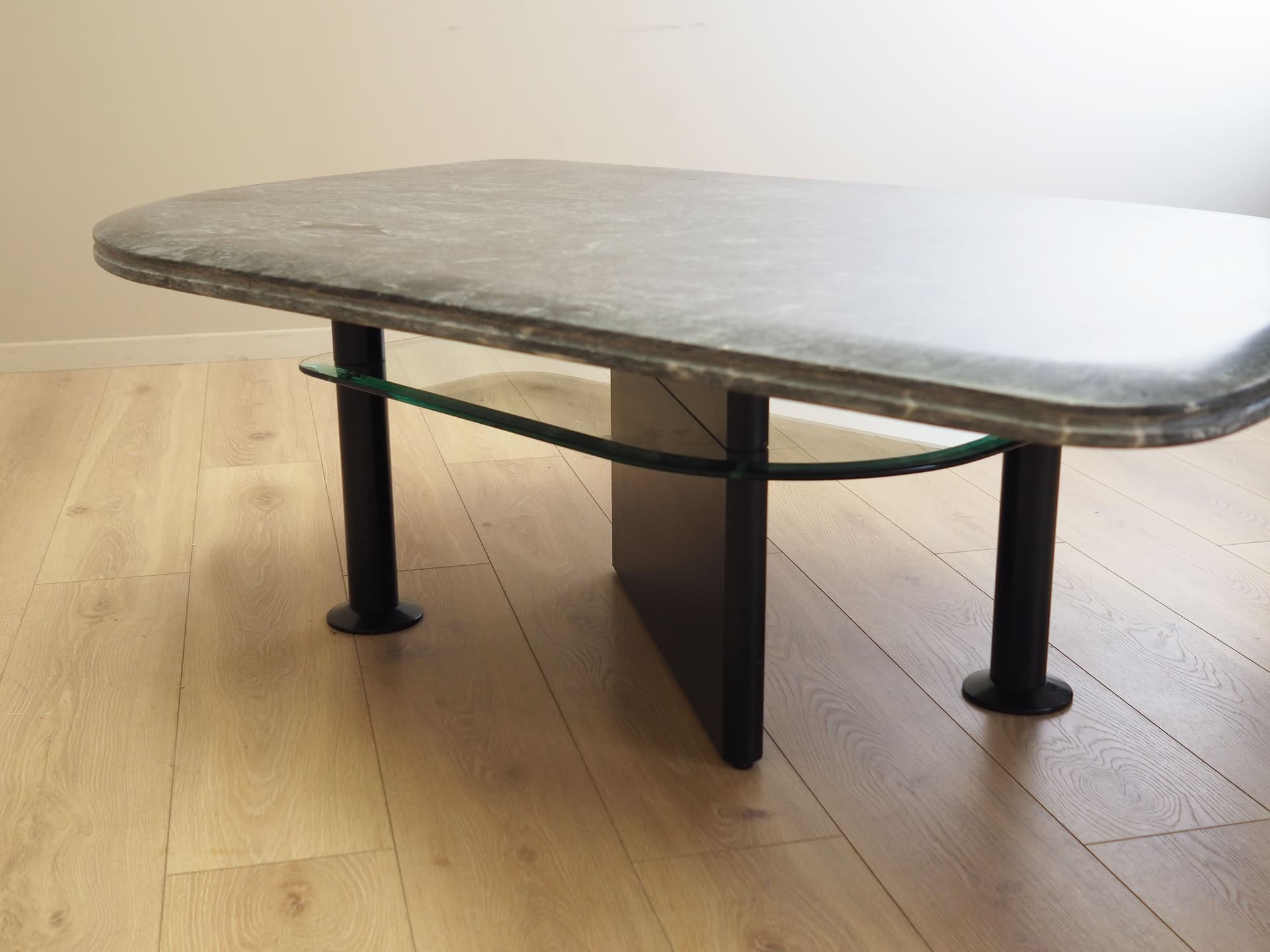 Coffee table, postmodernist, grey marble, transparent glass, black wood, black metal, Italy, 1980s. - 80774