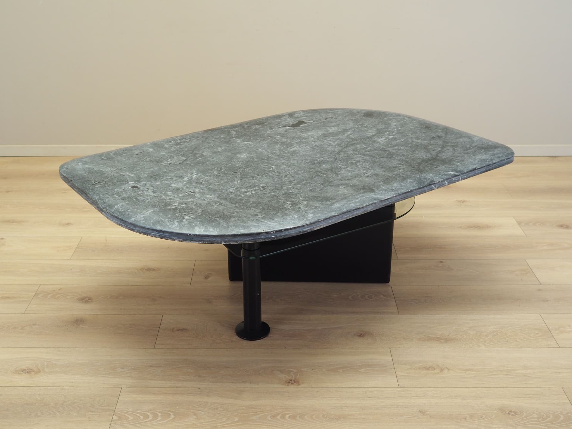 Coffee table, postmodernist, grey marble, transparent glass, black wood, black metal, Italy, 1980s. - 80771