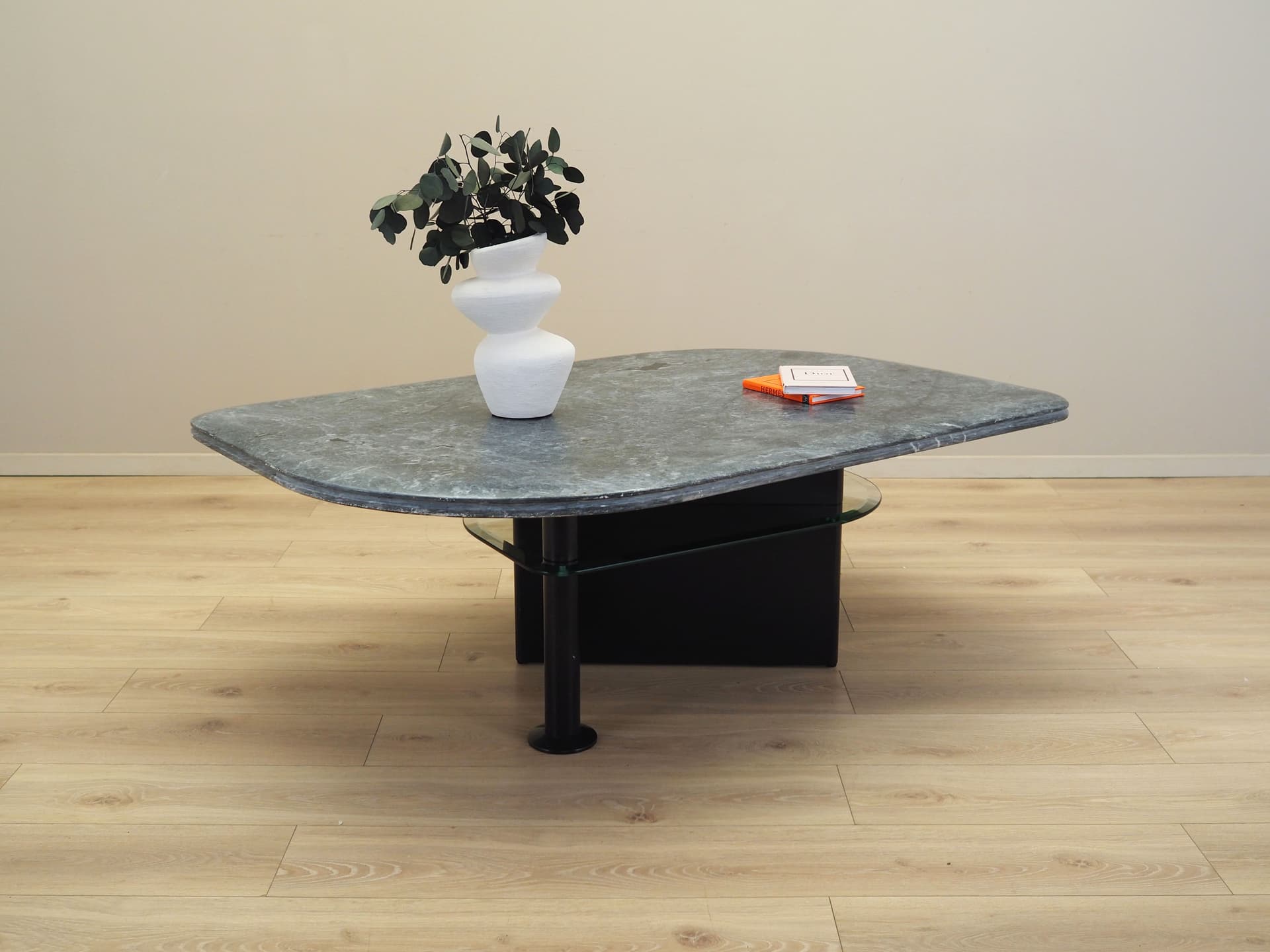 Coffee table, postmodernist, grey marble, transparent glass, black wood, black metal, Italy, 1980s. - 80770