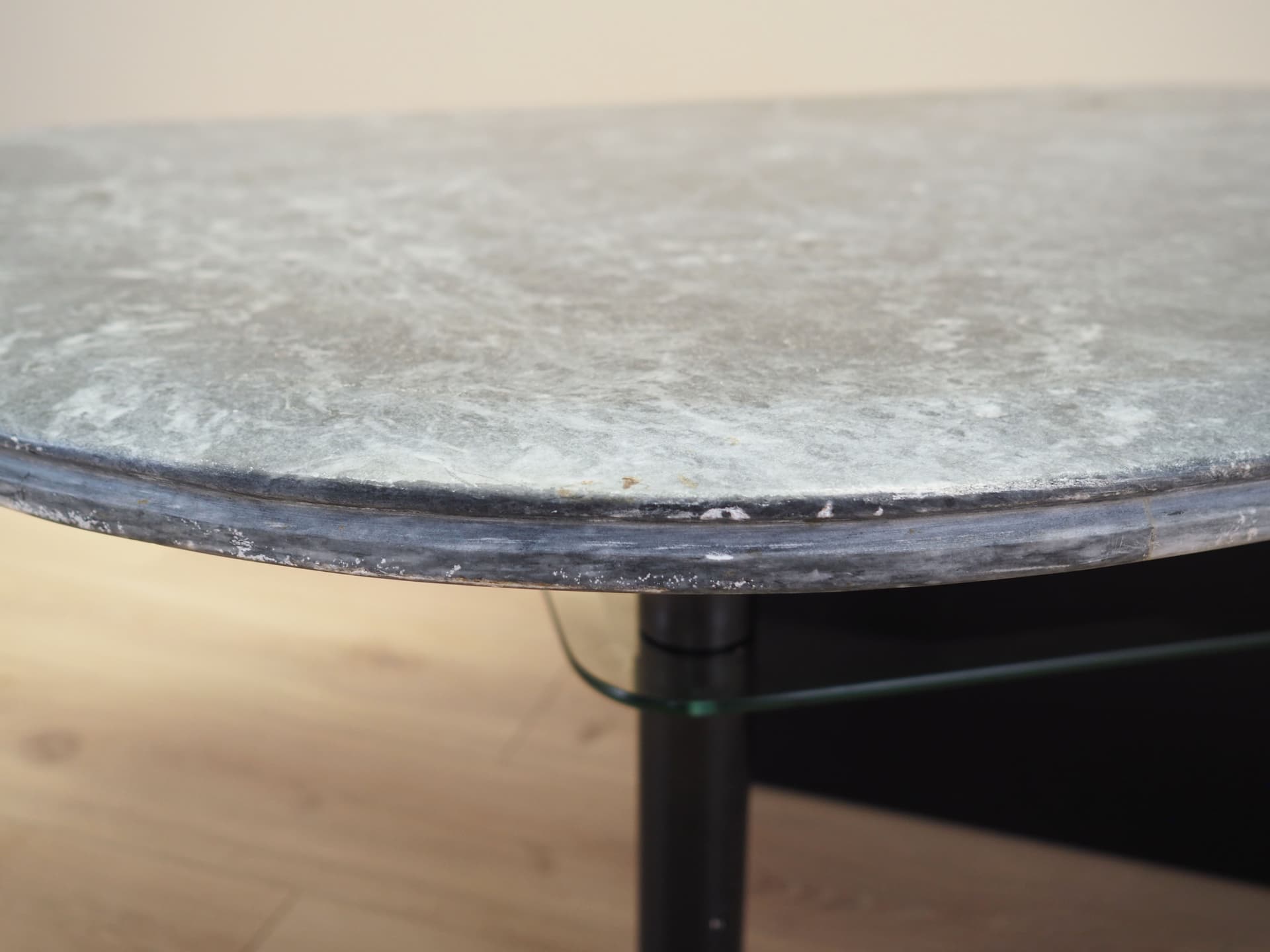 Coffee table, postmodernist, grey marble, transparent glass, black wood, black metal, Italy, 1980s. - 80776