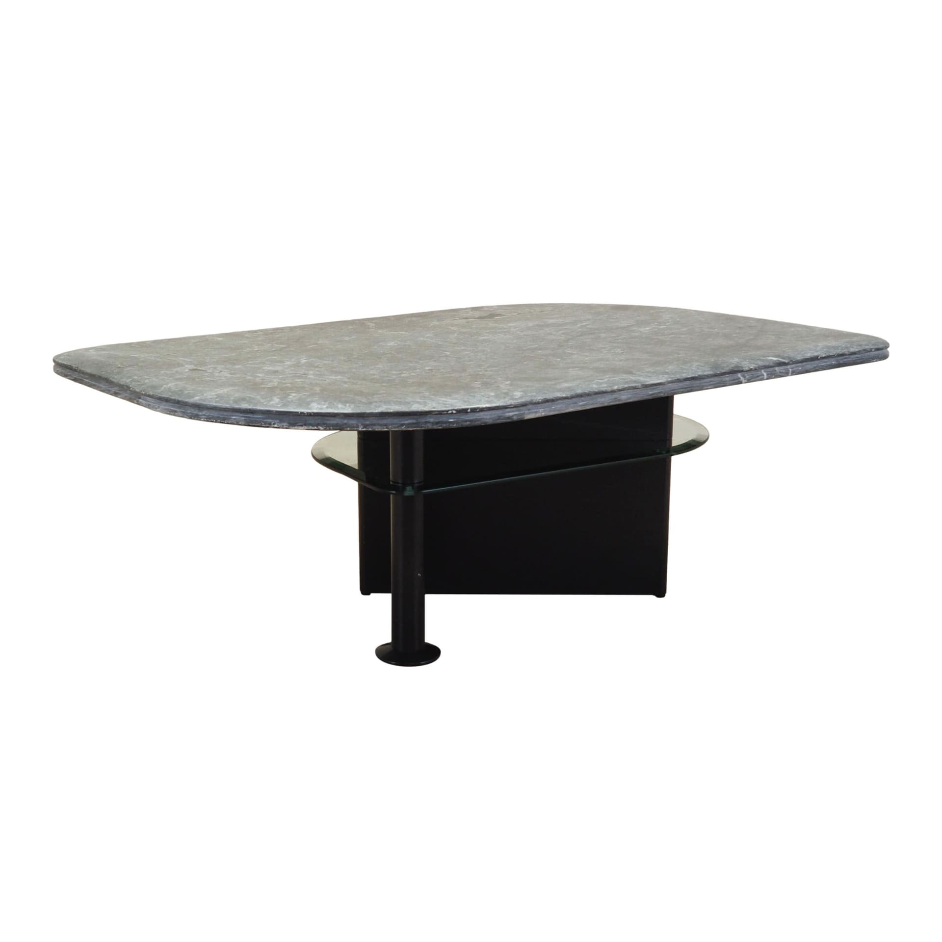 Coffee table, postmodernist, grey marble, transparent glass, black wood, black metal, Italy, 1980s.