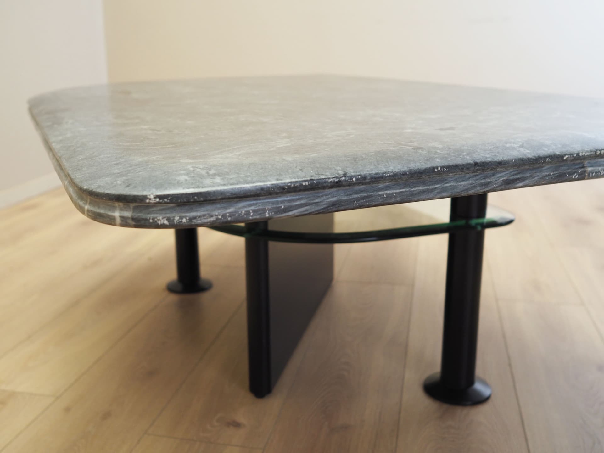 Coffee table, postmodernist, grey marble, transparent glass, black wood, black metal, Italy, 1980s. - 80775