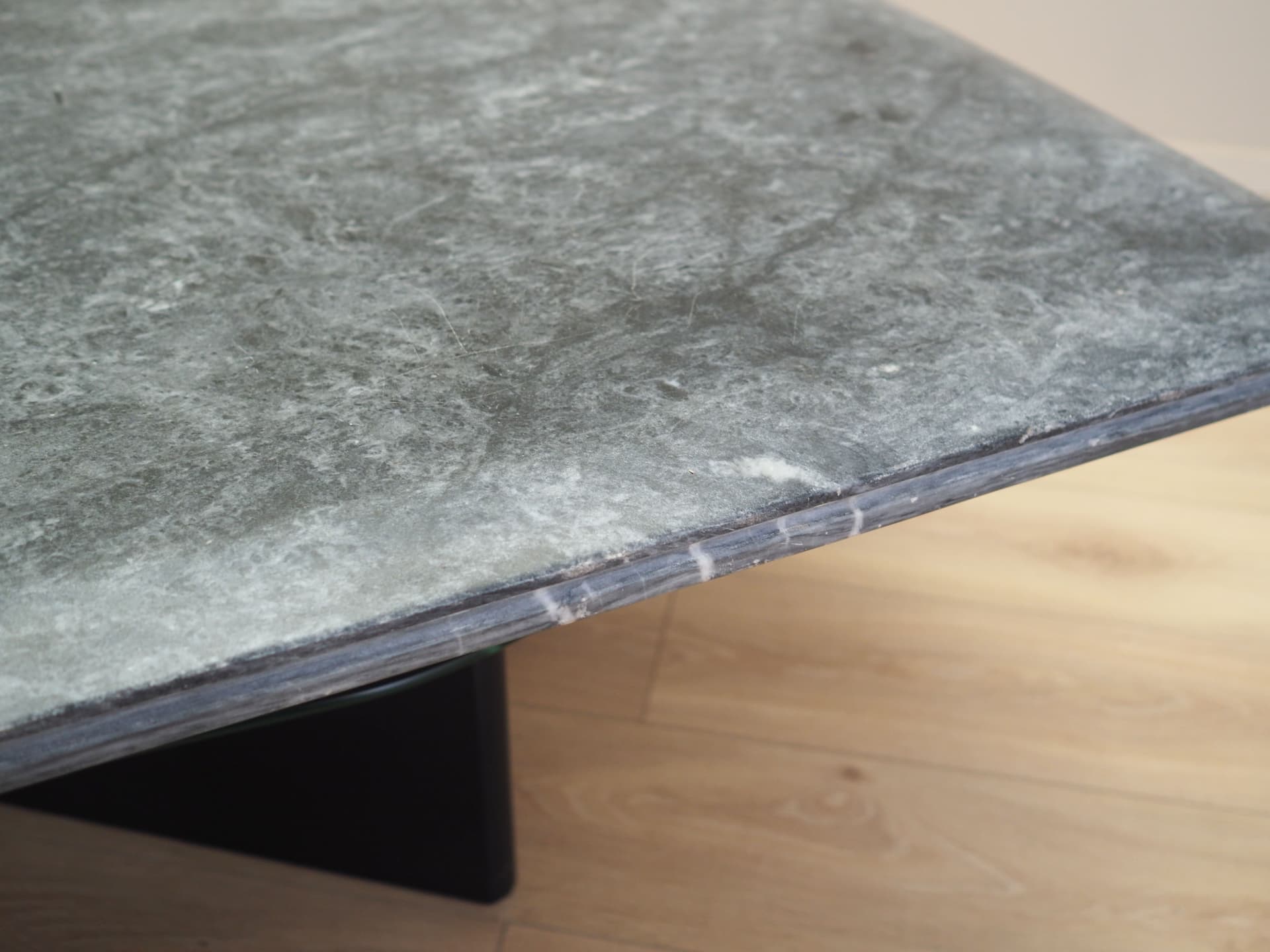 Coffee table, postmodernist, grey marble, transparent glass, black wood, black metal, Italy, 1980s. - 80777