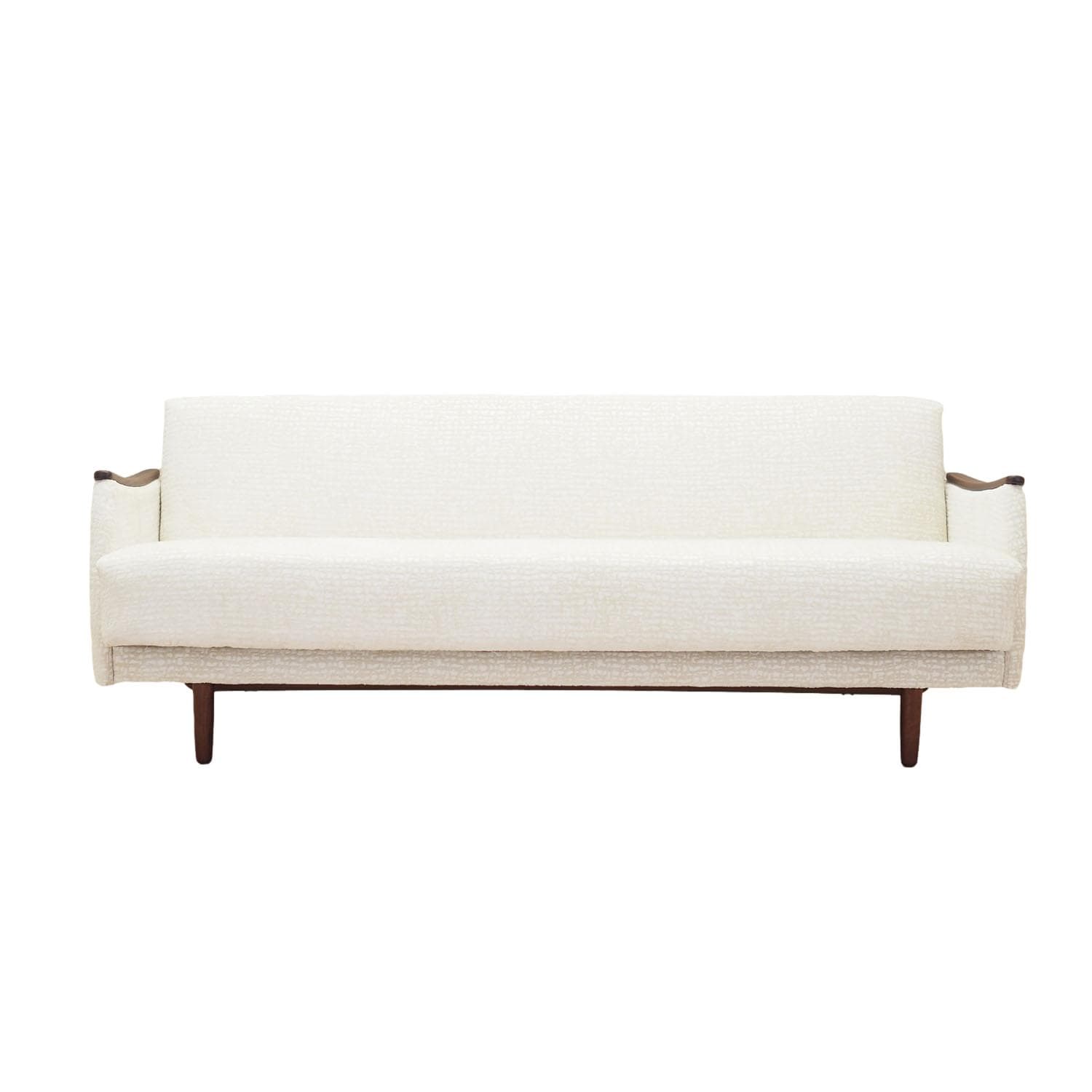 Sofa rozkładana, ivory white, tkanina, drewno teak, Dania, lata 70.