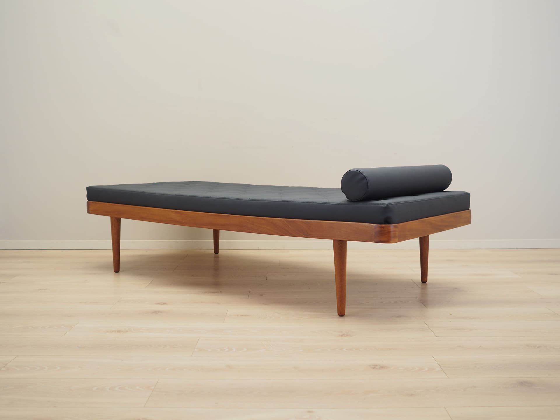 Daybed, brown teak, black eco-leather, Denmark, 1970s. - 81095