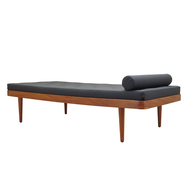 Daybed, brown teak, black eco-leather, Denmark, 1970s. - DIMENSION