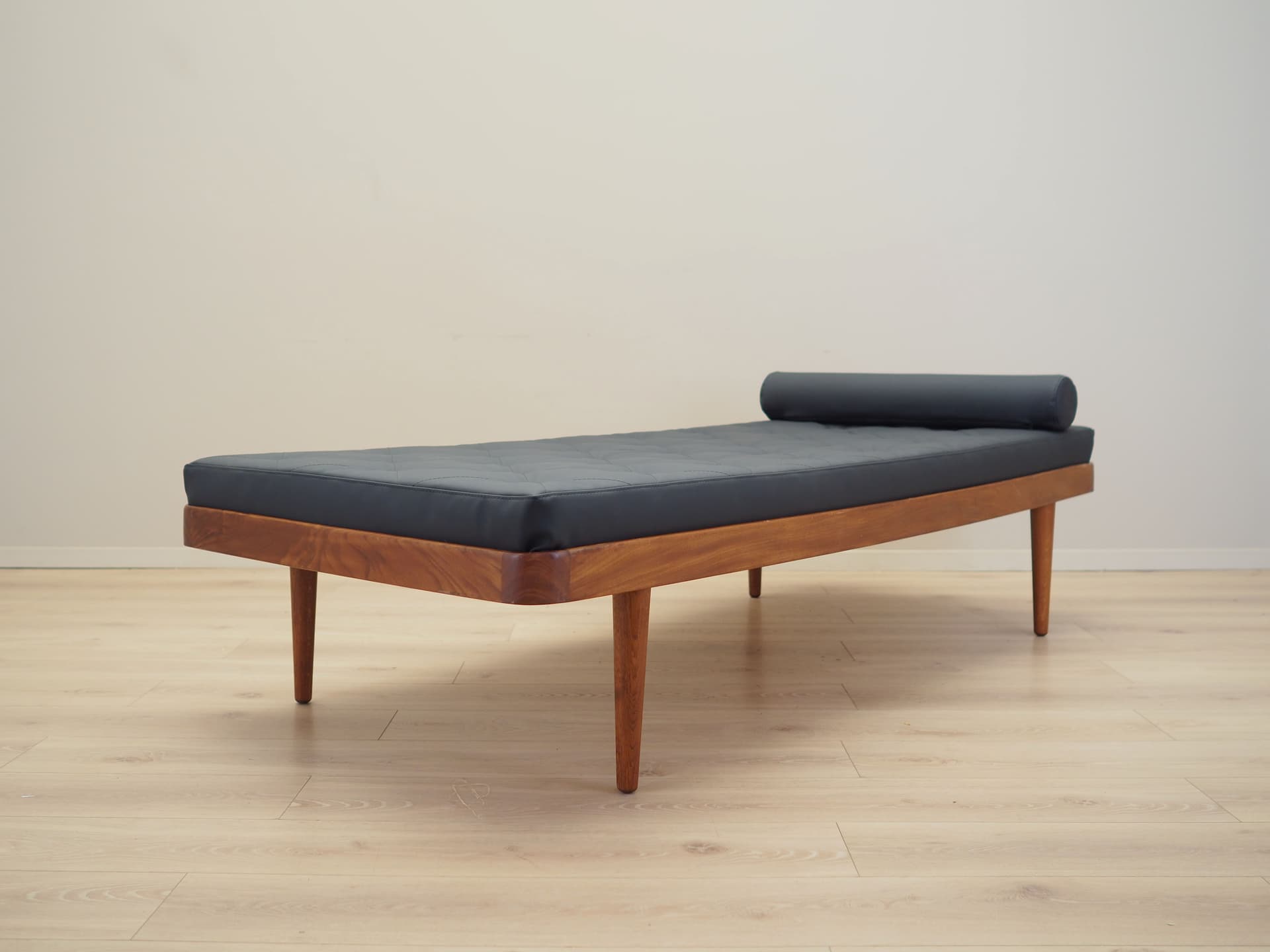 Daybed, brown teak, black eco-leather, Denmark, 1970s. - 81099