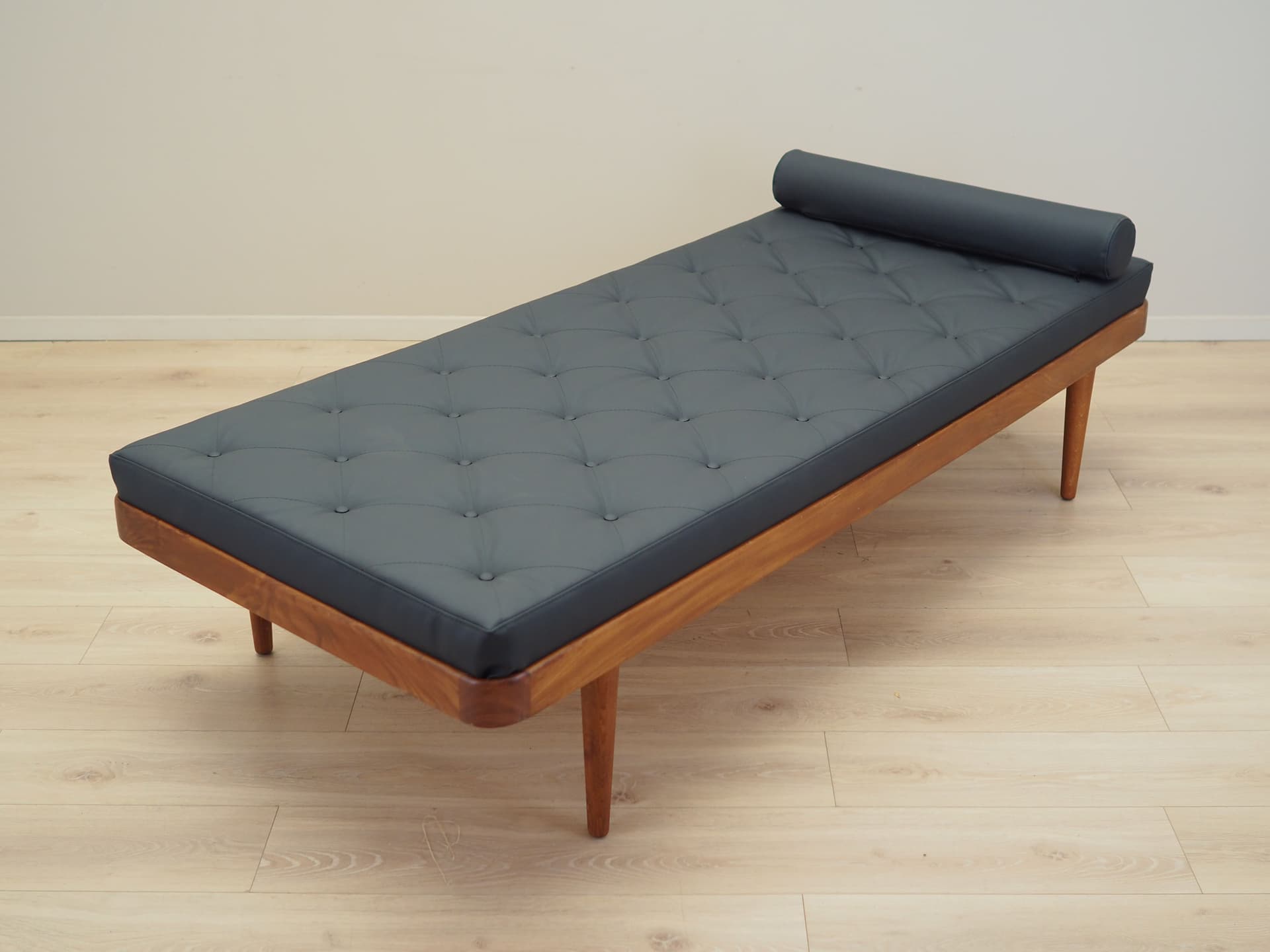 Daybed, brown teak, black eco-leather, Denmark, 1970s. - 81100
