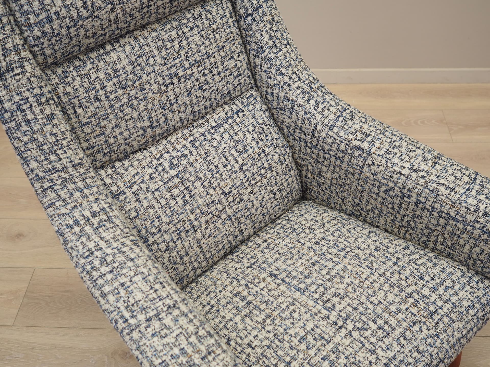 Lounge chair, blue, fabric, wood, Denmark, 1970s. - 81253