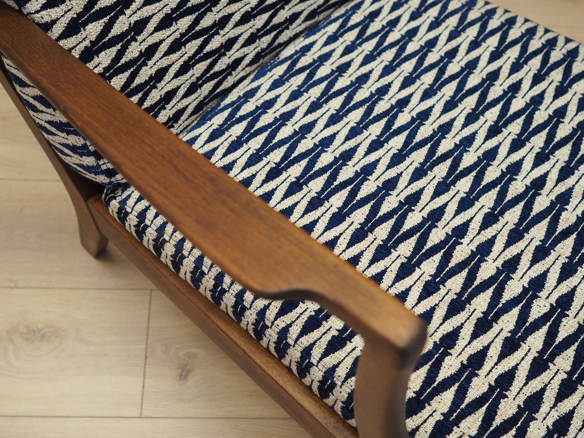 Lounge chair, navy blue beige, beech fabric, Denmark, 1970s. - 81440
