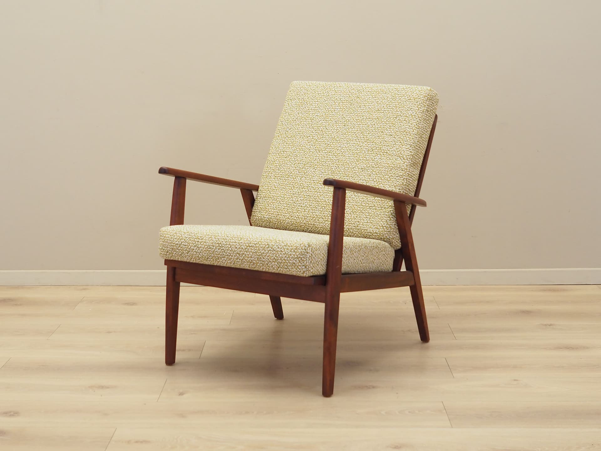 Armchair, beige melange bouclé, teak wood, Denmark, 1970s. - 81690