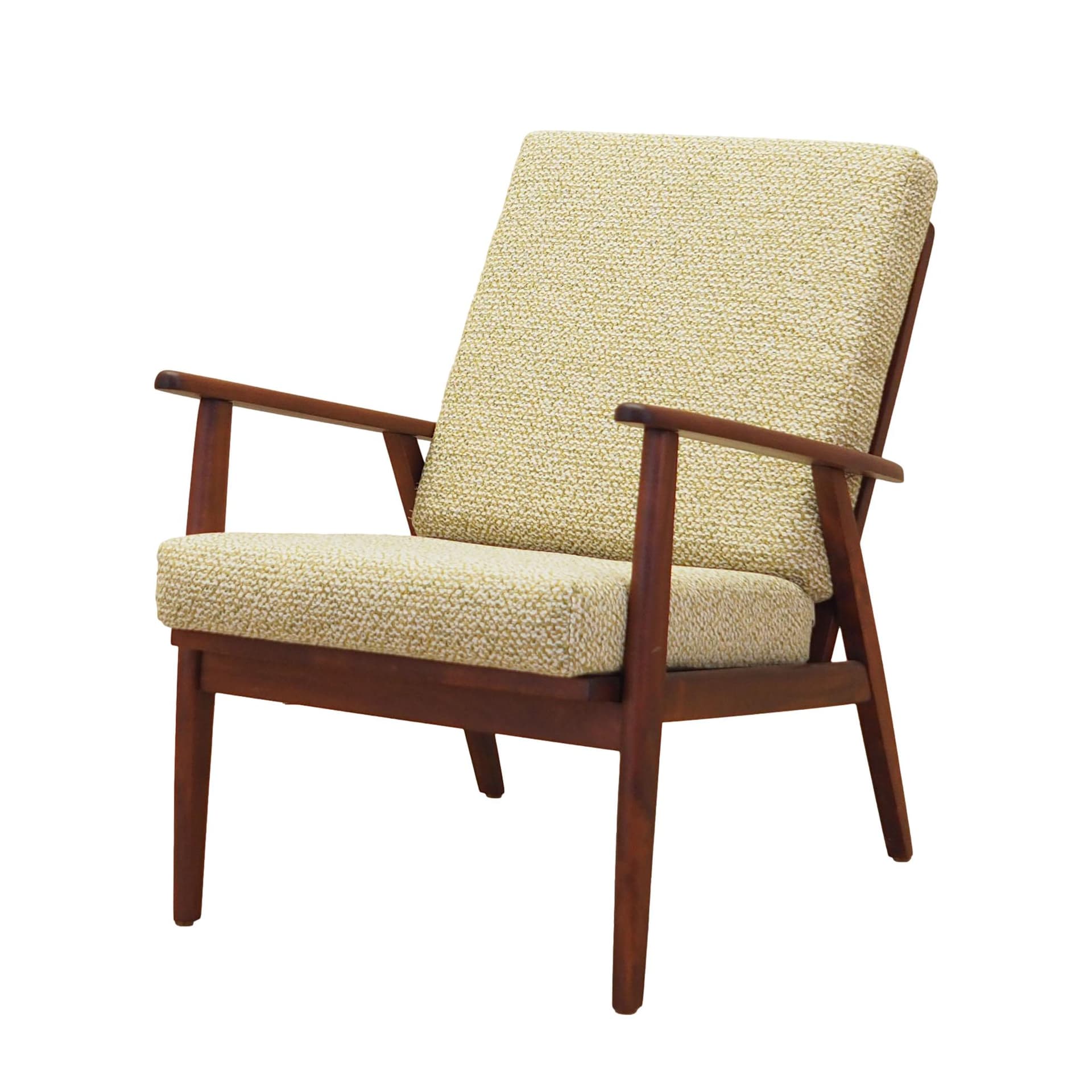 Armchair, beige melange bouclé, teak wood, Denmark, 1970s.
