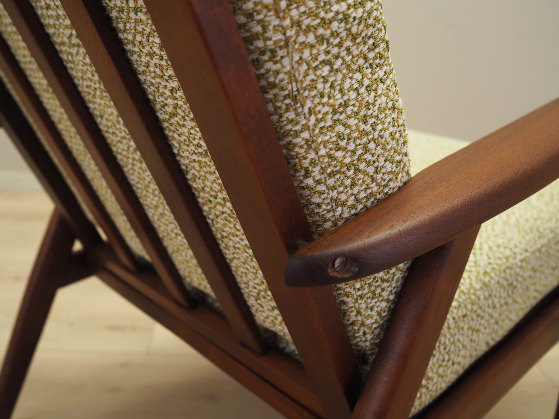 Armchair, beige melange bouclé, teak wood, Denmark, 1970s. - 81697