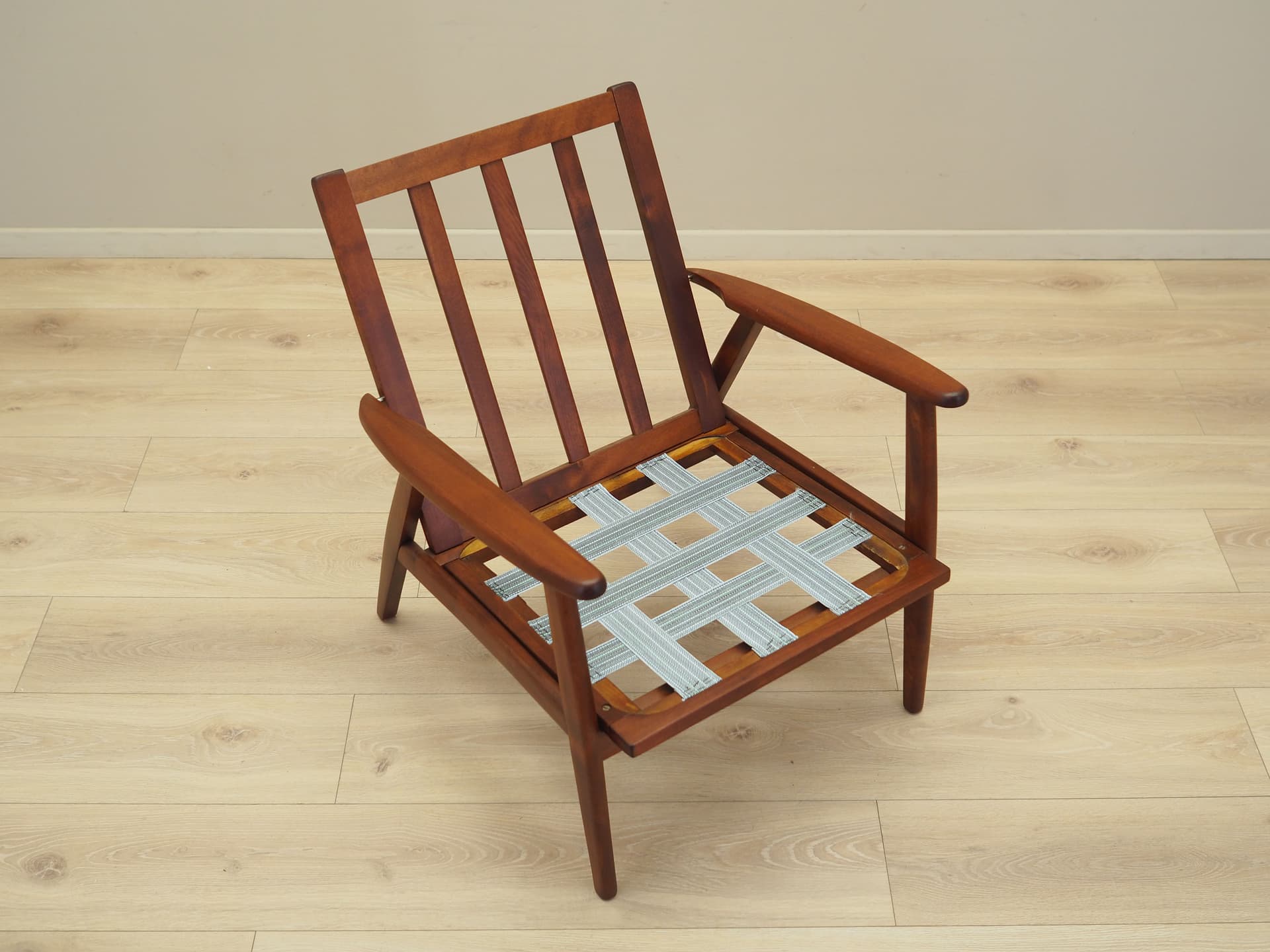 Armchair, beige melange bouclé, teak wood, Denmark, 1970s. - 81701