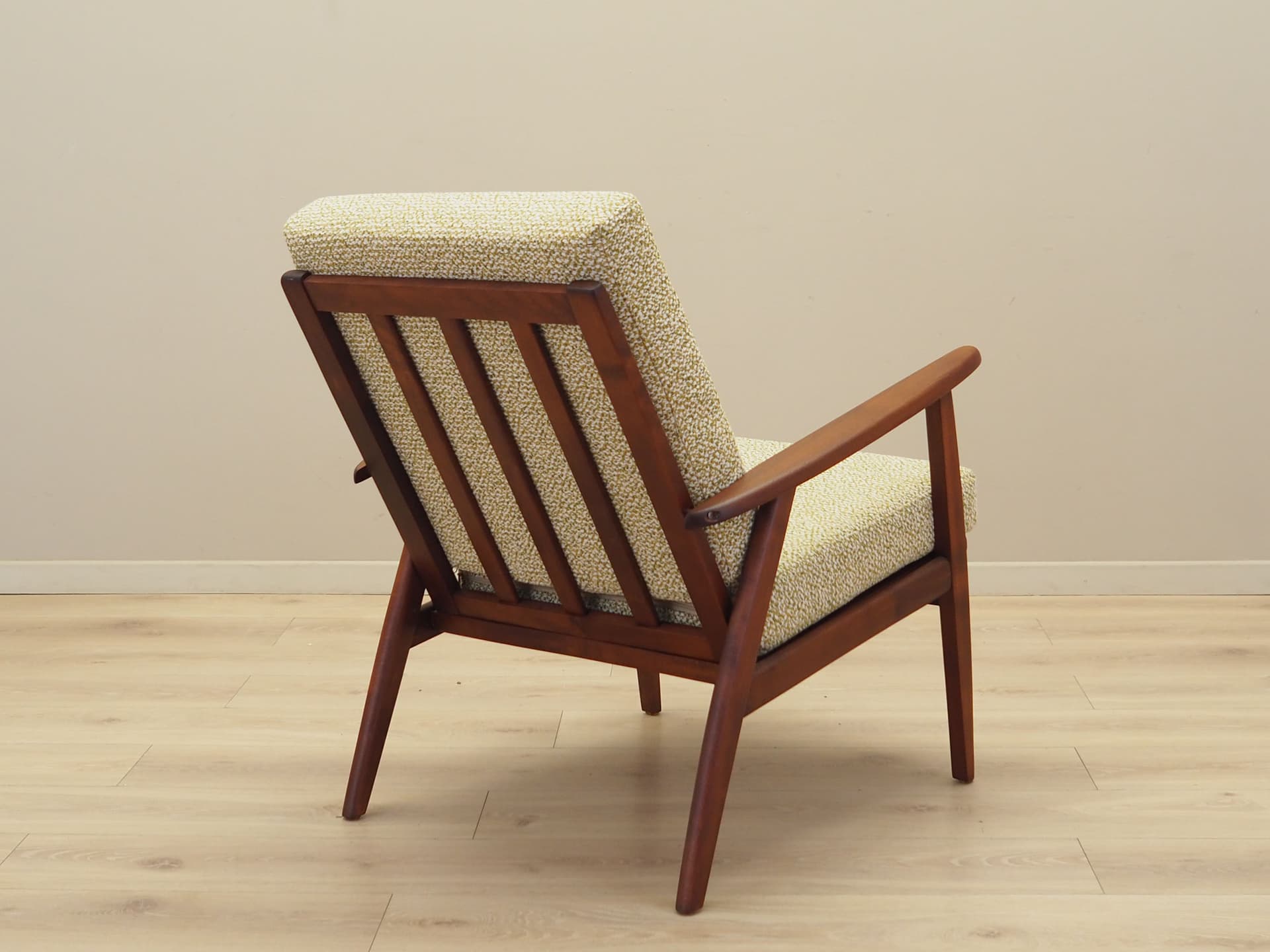 Armchair, beige melange bouclé, teak wood, Denmark, 1970s. - 81694