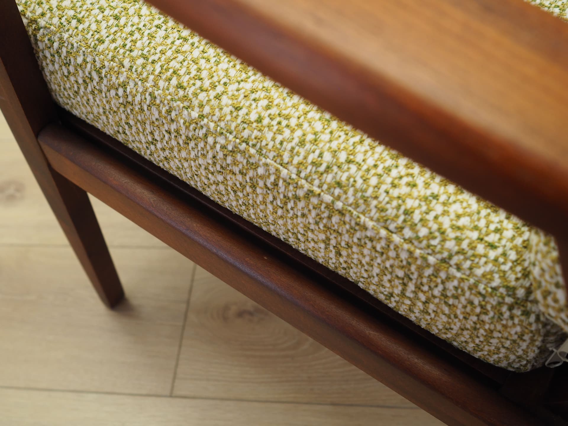 Armchair, beige melange bouclé, teak wood, Denmark, 1970s. - 81698