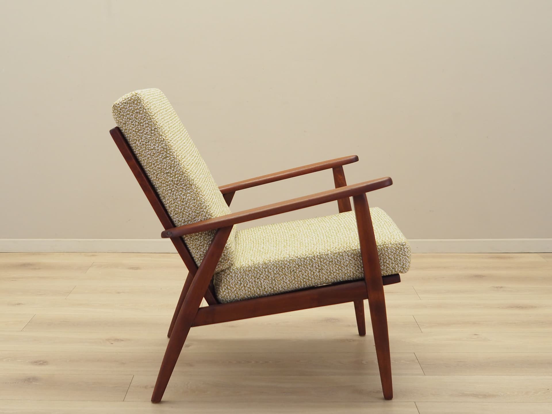 Armchair, beige melange bouclé, teak wood, Denmark, 1970s. - 81695