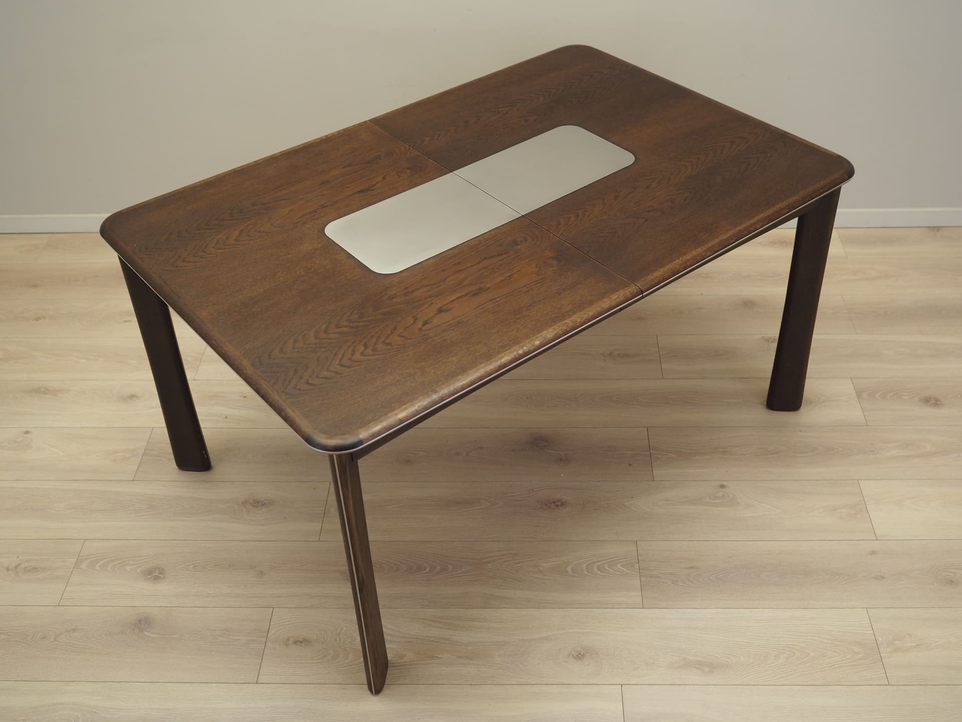 Stół jadalniany, dąb brązowy ciemny, metal, Uldum Møbelfabrik, Dania, lata 70. - 81841