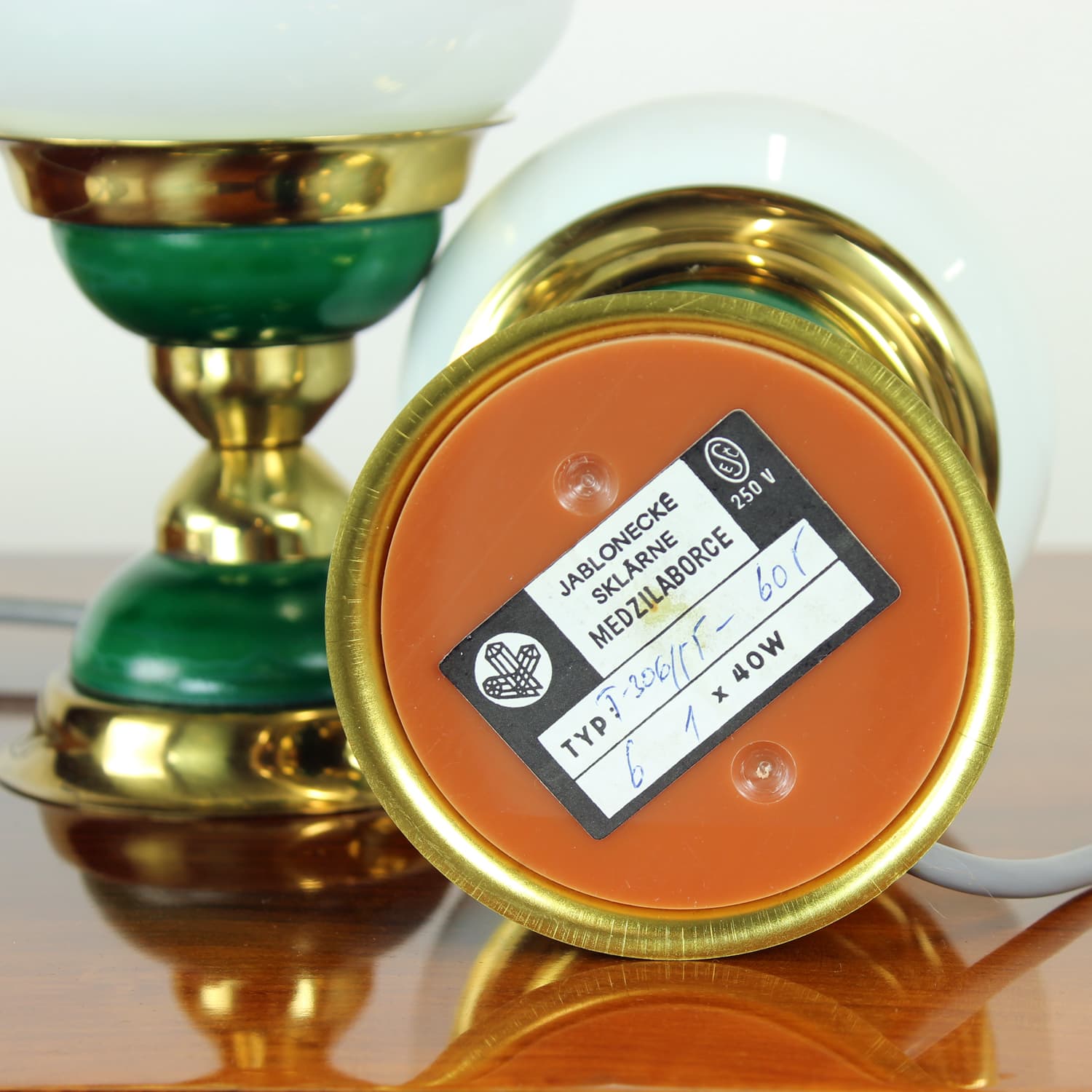 Para lamp stołowych, zielony, mosiądz, szkło opalowe, Czechosłowacja, lata 50. - 91429