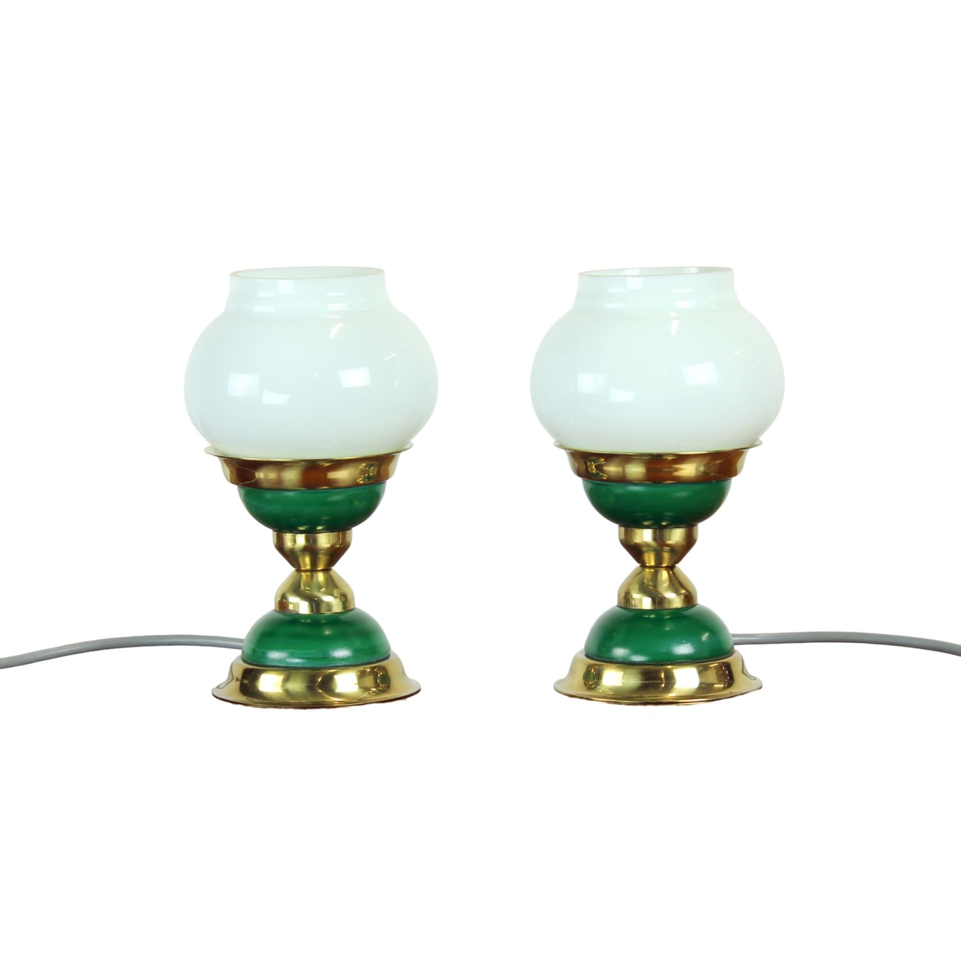 Para lamp stołowych, zielony, mosiądz, szkło opalowe, Czechosłowacja, lata 50. - 92896