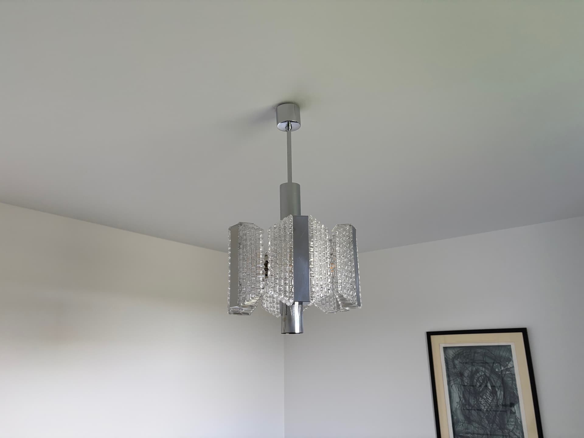 Żyrandol bębnowy, srebrny, szkło, stal chromowana, Kaiser Leuchten, Niemcy, lata 60. - 82450