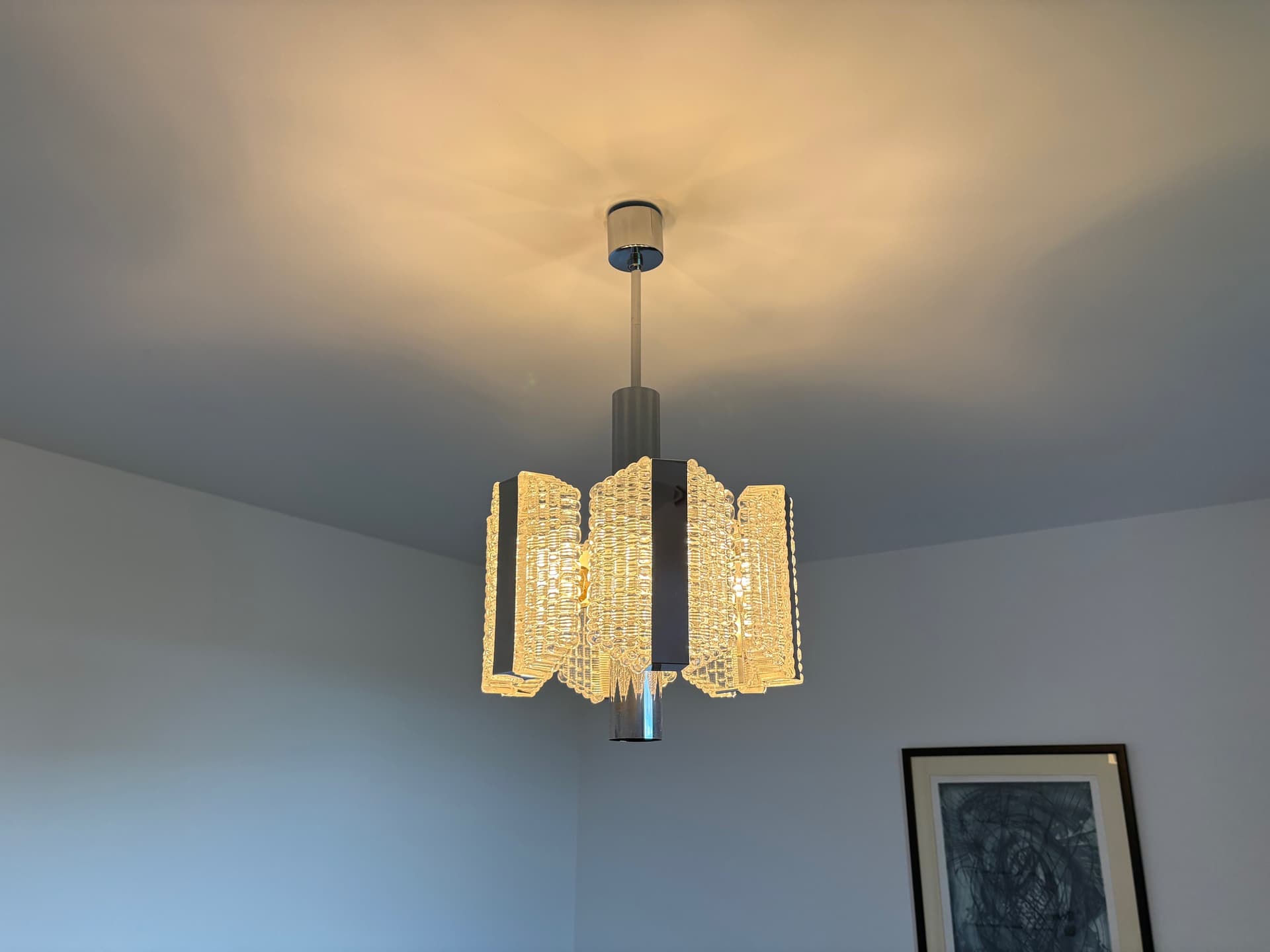 Żyrandol bębnowy, srebrny, szkło, stal chromowana, Kaiser Leuchten, Niemcy, lata 60. - 82449