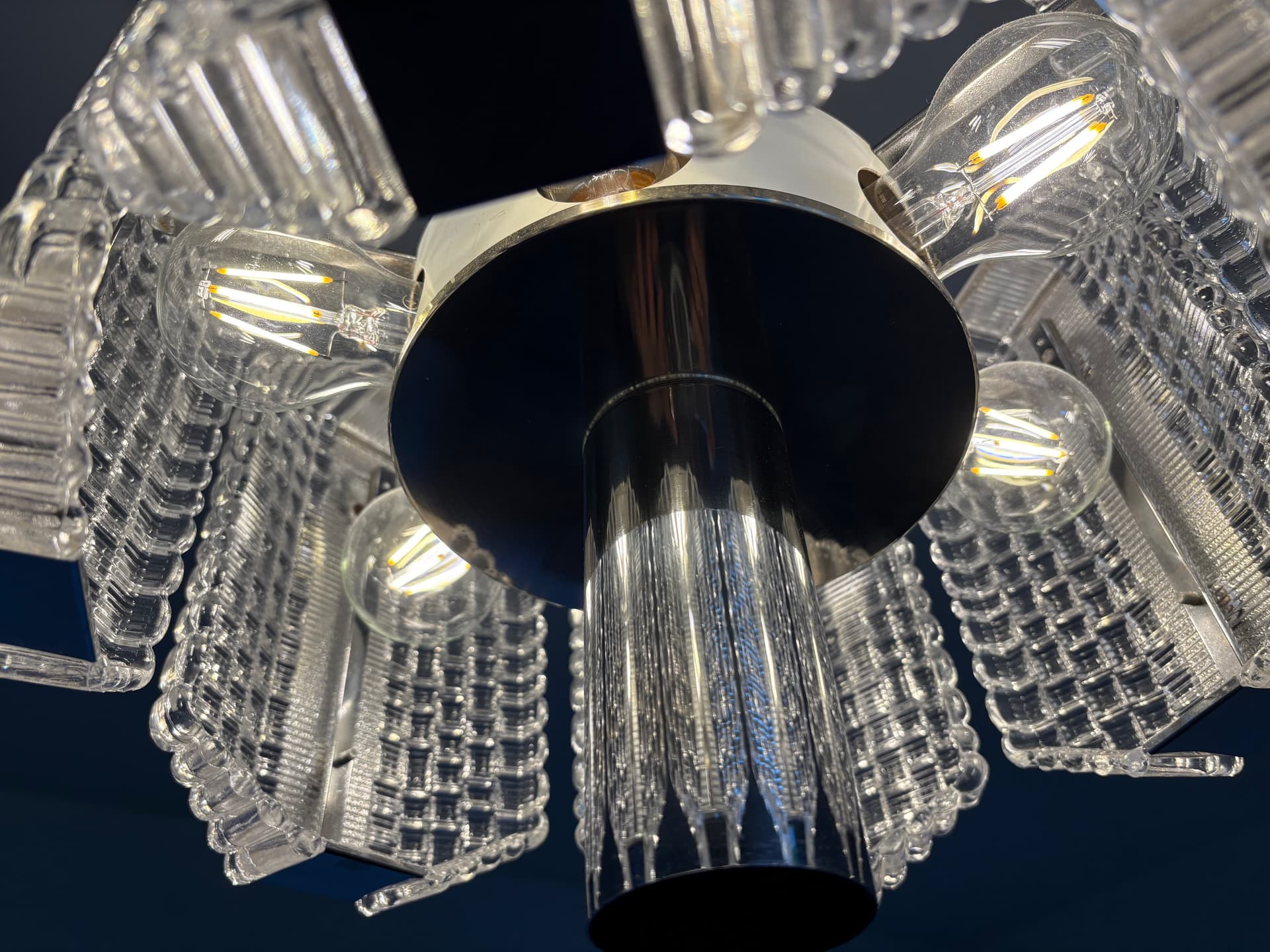 Żyrandol bębnowy, srebrny, szkło, stal chromowana, Kaiser Leuchten, Niemcy, lata 60. - 82446