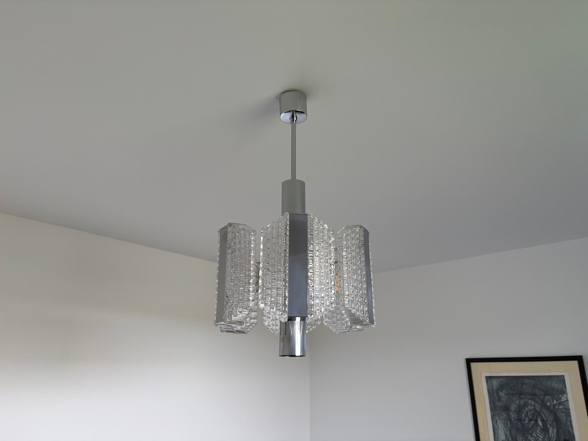 Żyrandol bębnowy, srebrny, szkło, stal chromowana, Kaiser Leuchten, Niemcy, lata 60. - 82441