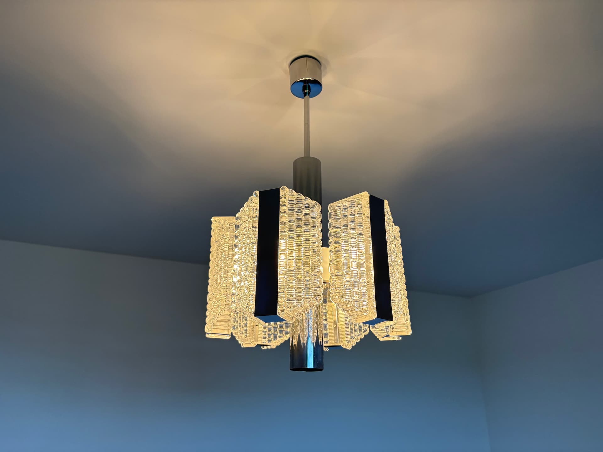 Żyrandol bębnowy, srebrny, szkło, stal chromowana, Kaiser Leuchten, Niemcy, lata 60. - 82440