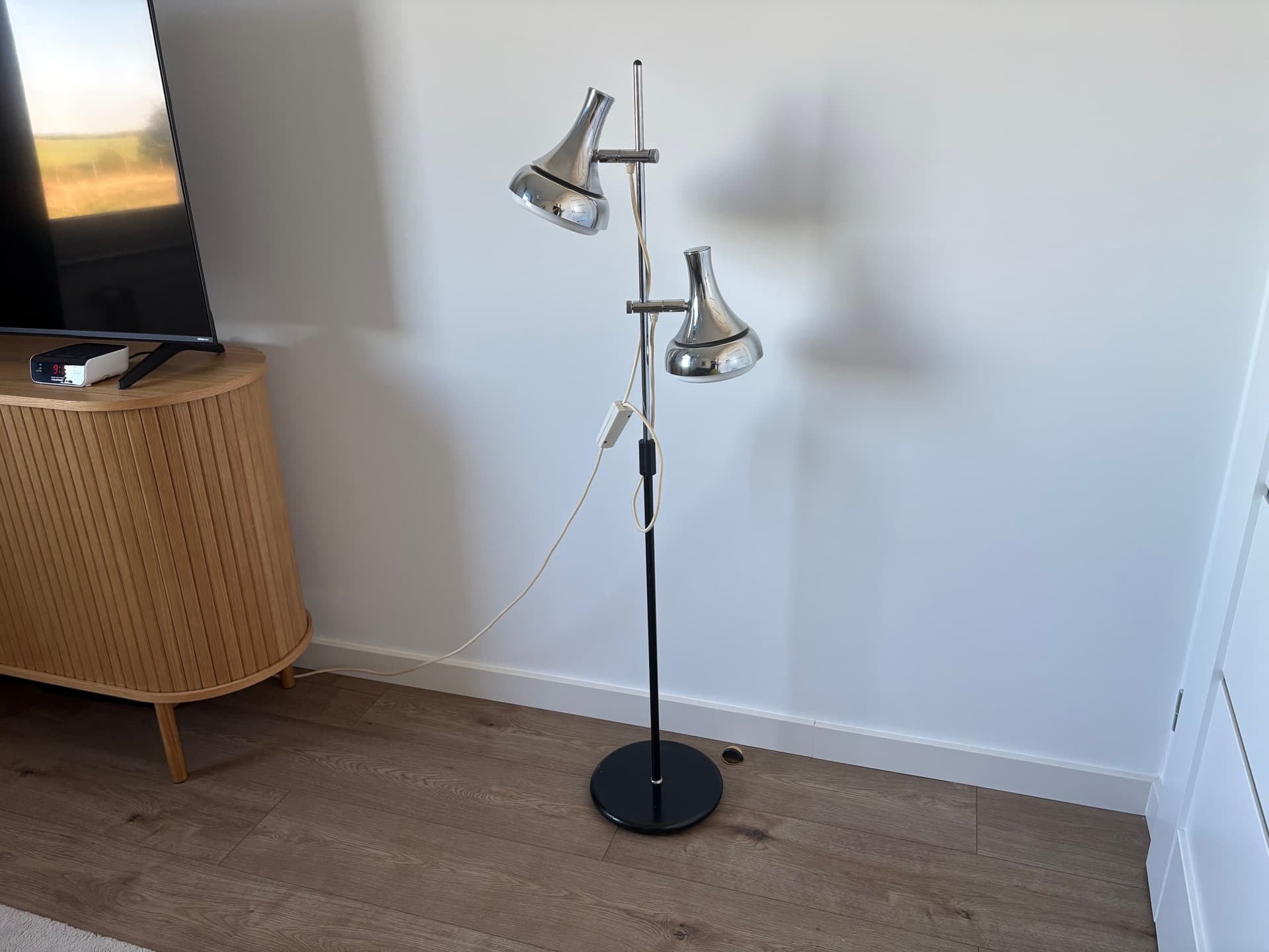 Floor lamp, silver chrome, black metal, by Koch & Lowy, OMI, Germany, 1970s. - 82752