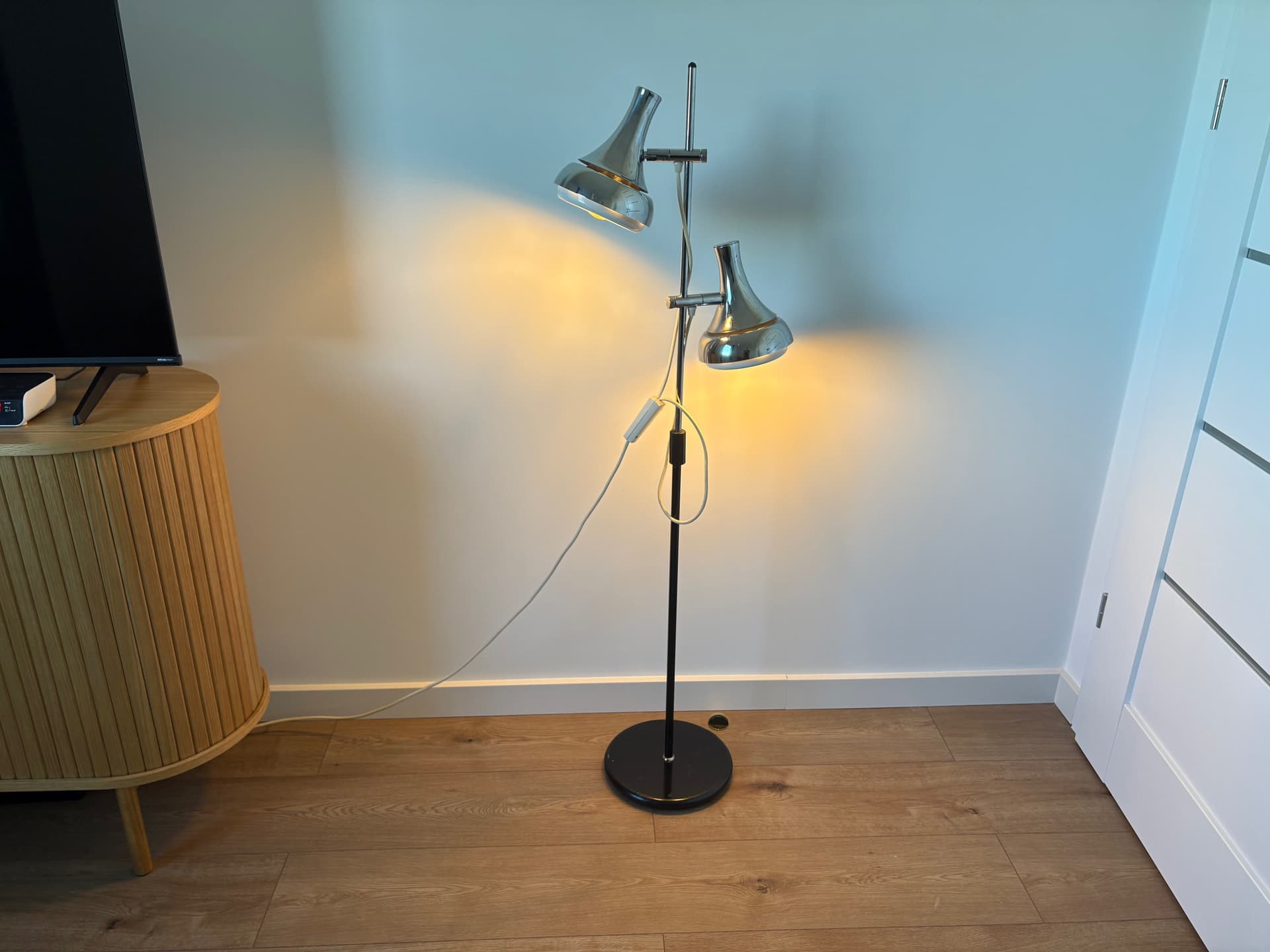 Floor lamp, silver chrome, black metal, by Koch & Lowy, OMI, Germany, 1970s. - 82754