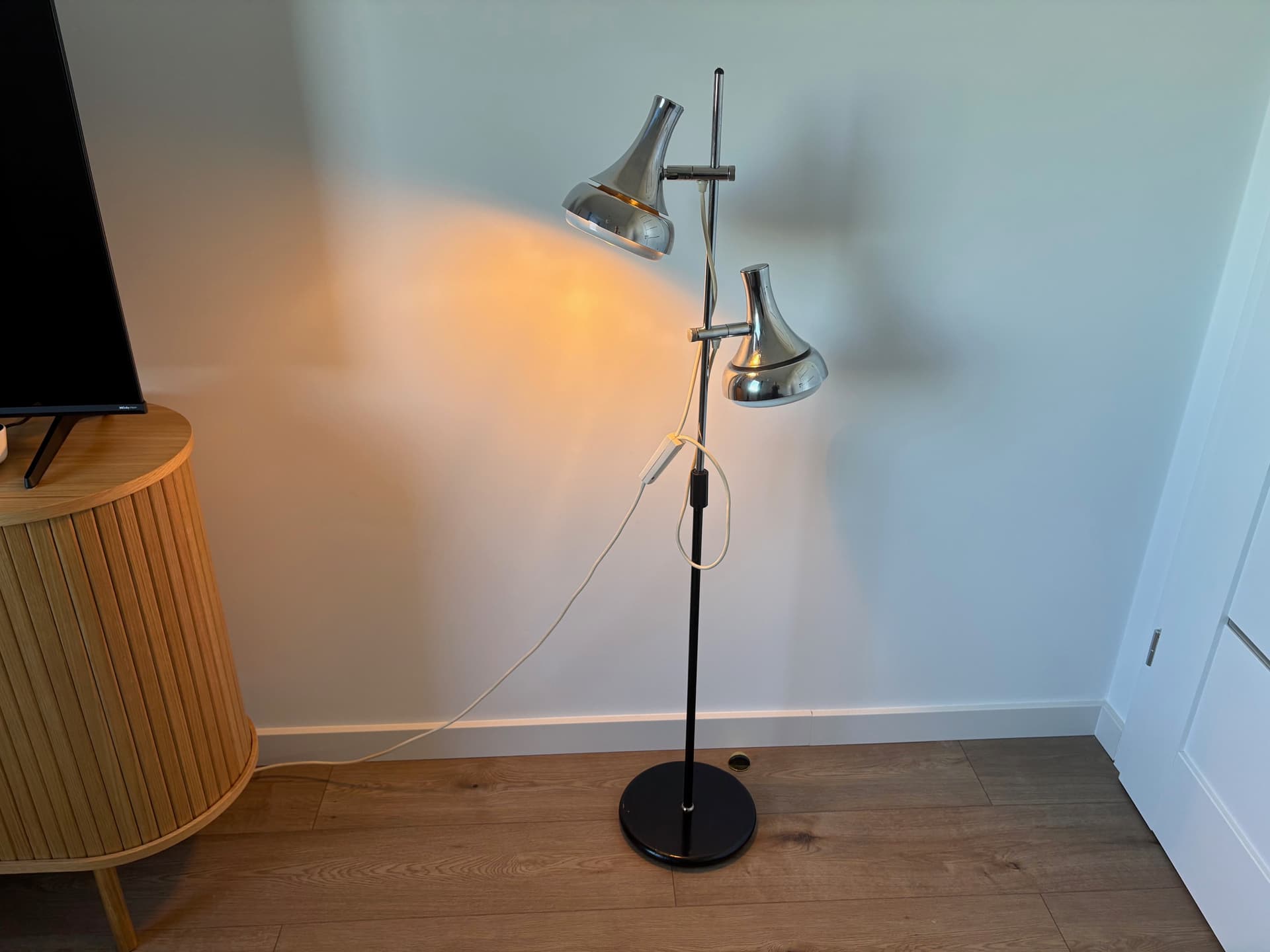 Floor lamp, silver chrome, black metal, by Koch & Lowy, OMI, Germany, 1970s. - 82753