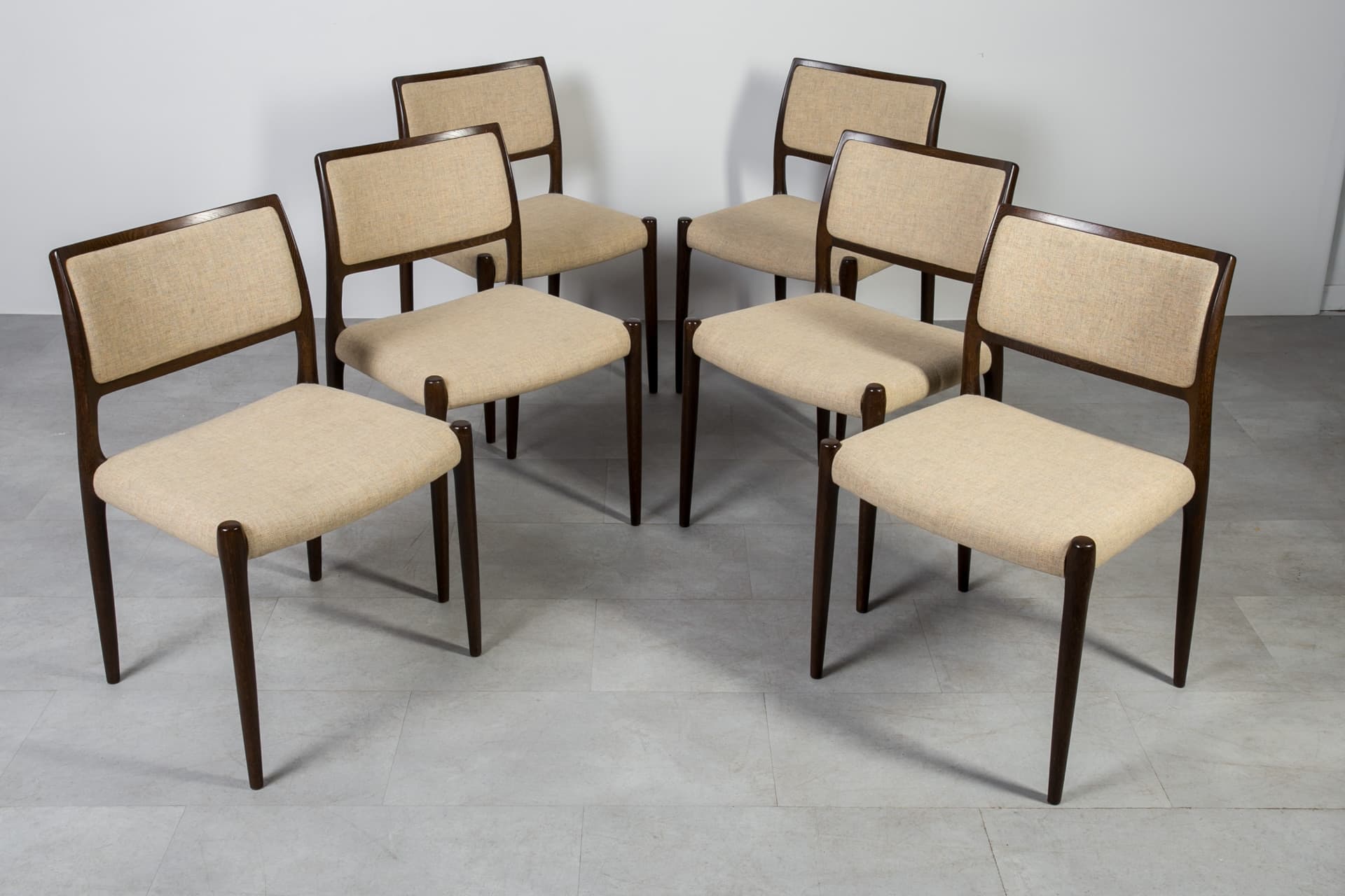 Set of six chairs Model 80, beige wool, oak, by N.O. Møller, for J.L. Møllers Møbelfabrik, Denmark, 1960s. - 6558