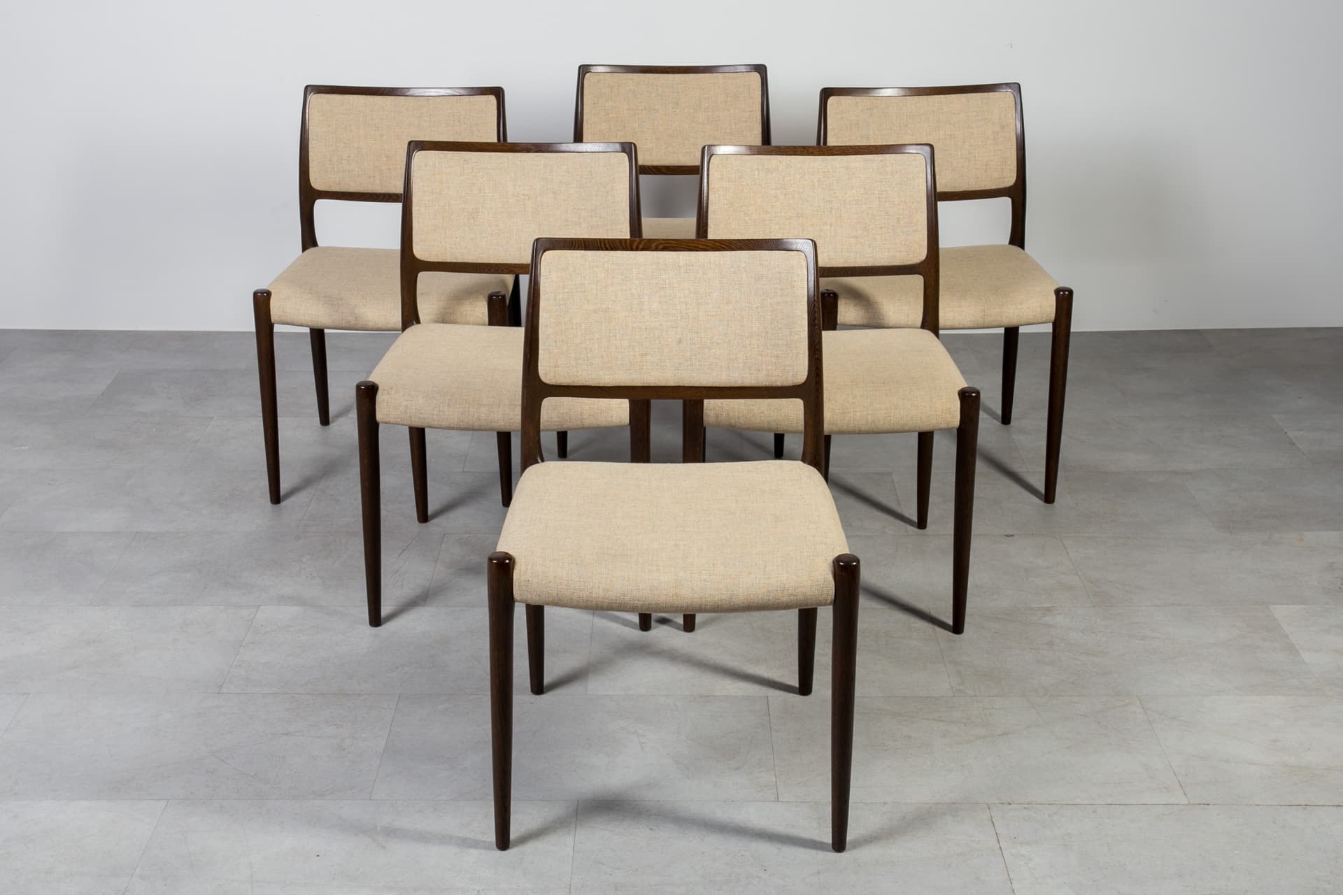 Set of six chairs Model 80, beige wool, oak, by N.O. Møller, for J.L. Møllers Møbelfabrik, Denmark, 1960s. - 6559